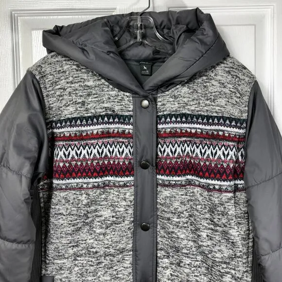 Eddie Bauer Women's XL Gray with Fair Isle Knit Puffer Jacket Snap Front Hooded