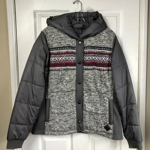 Eddie Bauer Women's XL Gray with Fair Isle Knit Puffer Jacket Snap Front Hooded
