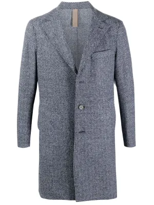 ELEVENTY - Blue Herringbone Suede Detail Logo Button Coat - 40R (50 EU)