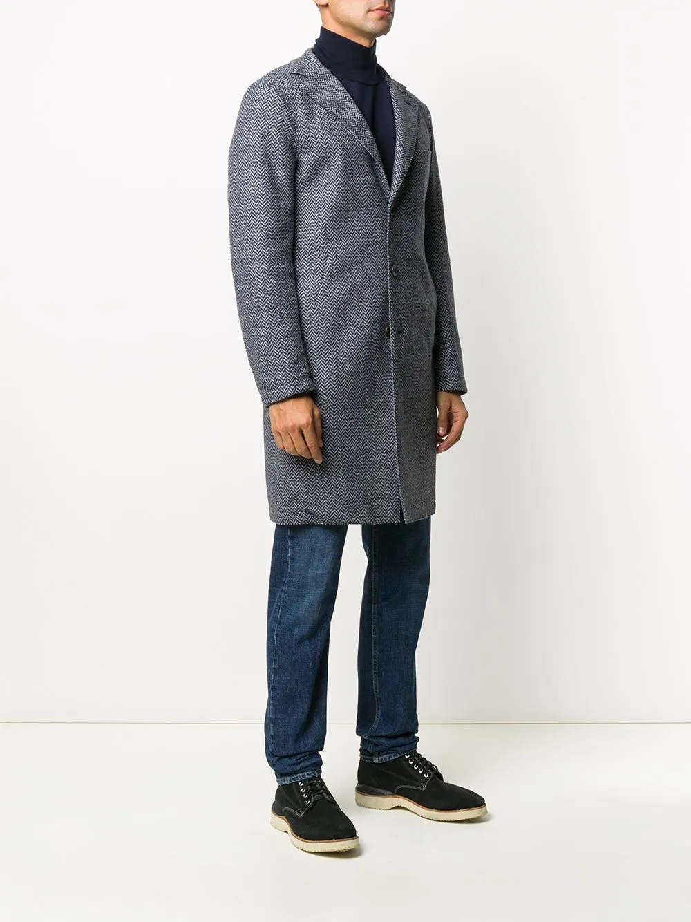 ELEVENTY - Blue Herringbone Suede Detail Logo Button Coat - 40R (50 EU)