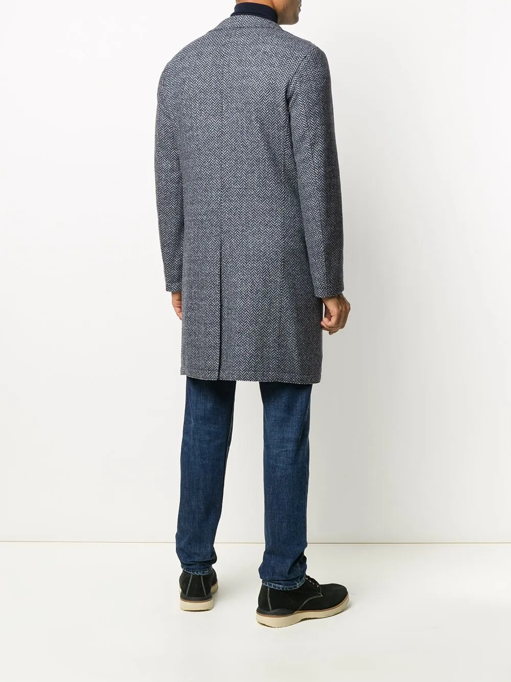 ELEVENTY - Blue Herringbone Suede Detail Logo Button Coat - 40R (50 EU)