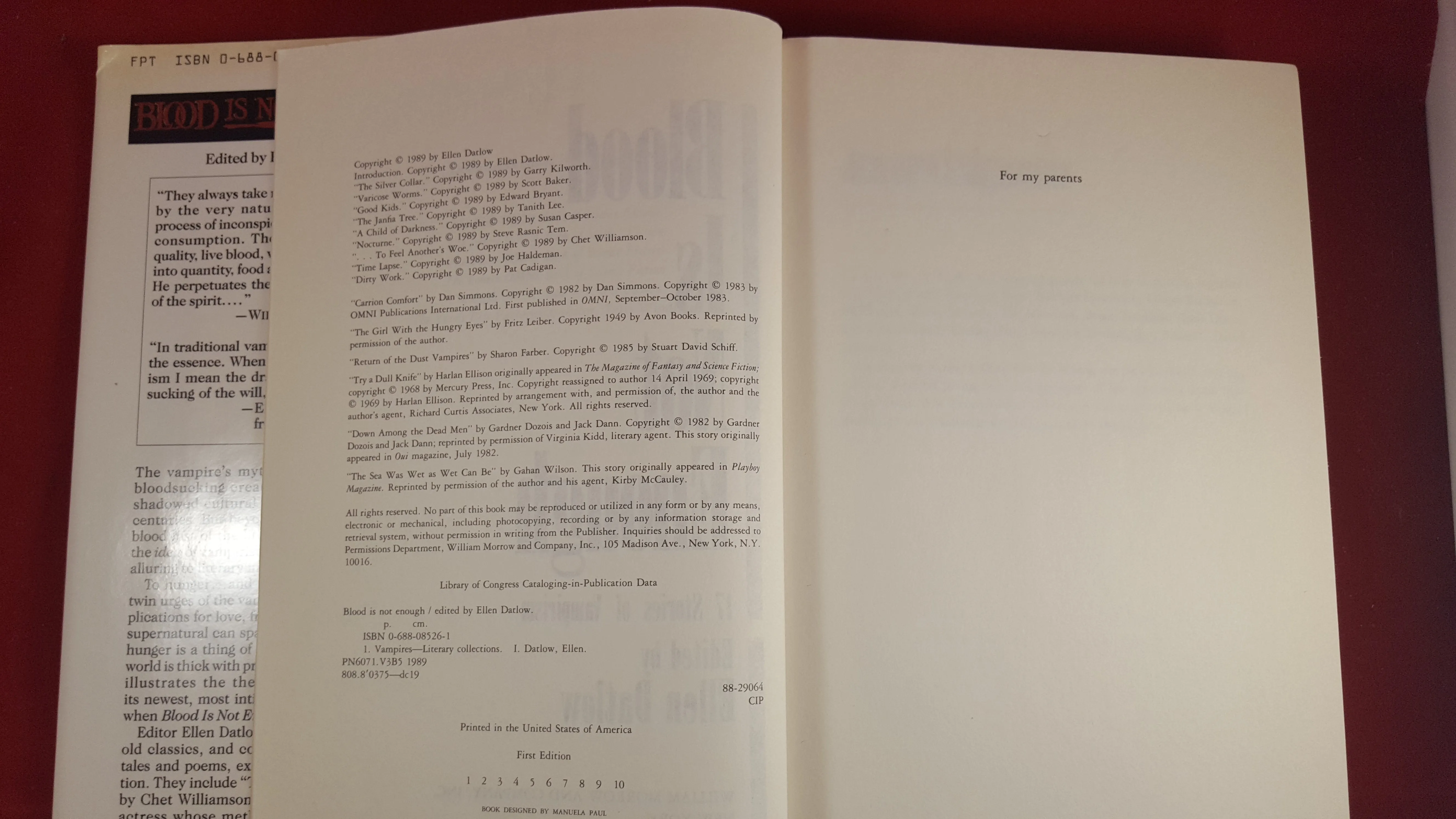 Ellen Datlow, Edited by - Blood Is Not Enough, William Morrow & Company, 1989, 1st Edition