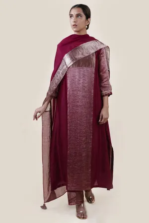 Embroidered Chanderi /Panelled A-Line Kurta And Slub Silk Pants Set