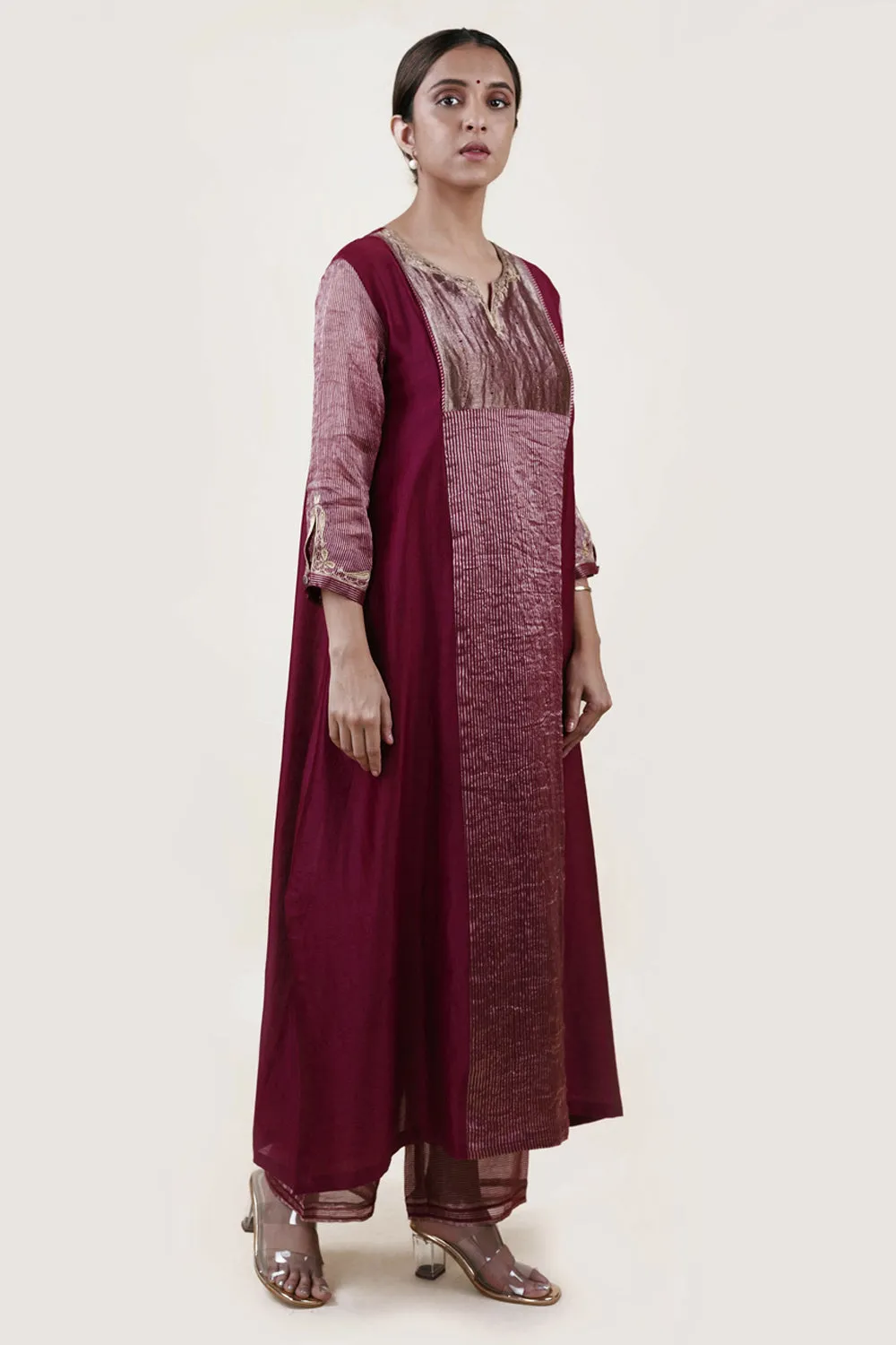 Embroidered Chanderi /Panelled A-Line Kurta And Slub Silk Pants Set