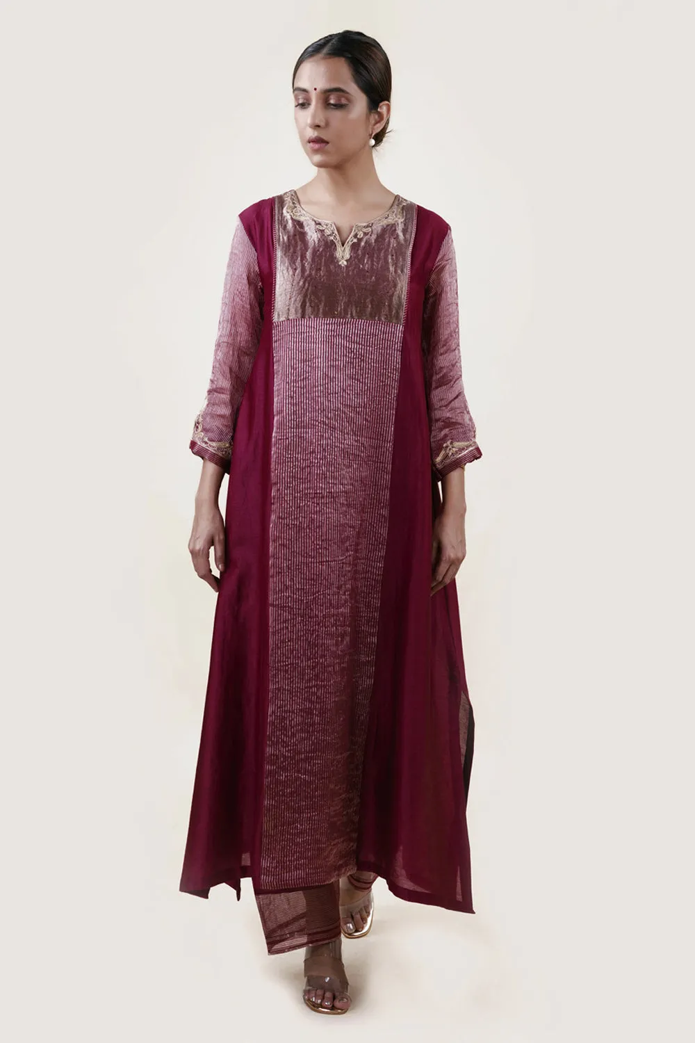 Embroidered Chanderi /Panelled A-Line Kurta And Slub Silk Pants Set