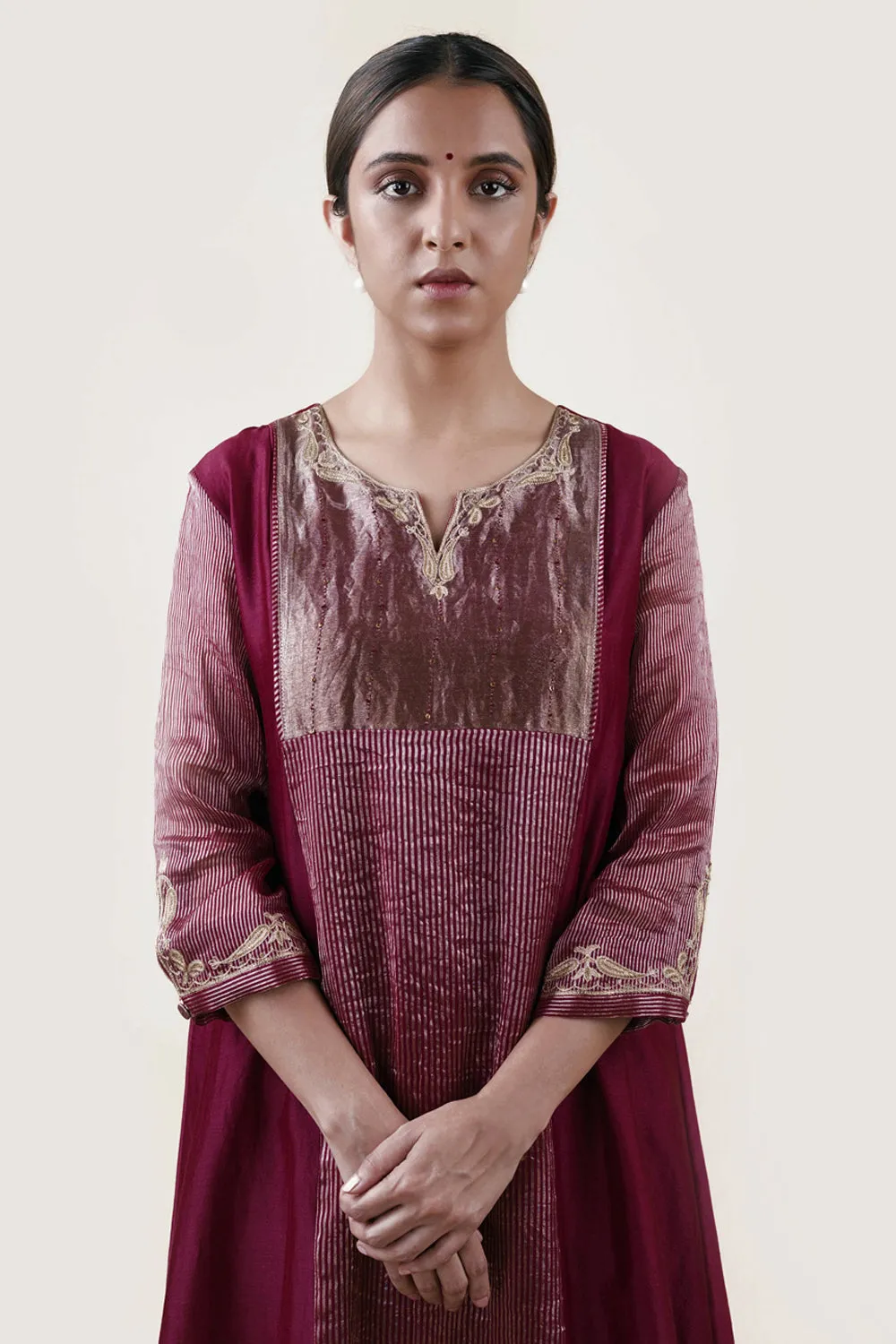 Embroidered Chanderi /Panelled A-Line Kurta And Slub Silk Pants Set