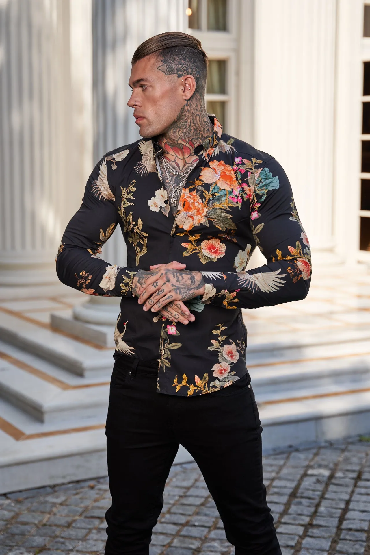 Father Sons Super Slim Stretch Black Crane Print Long Sleeve with Button Down Collar - FS772