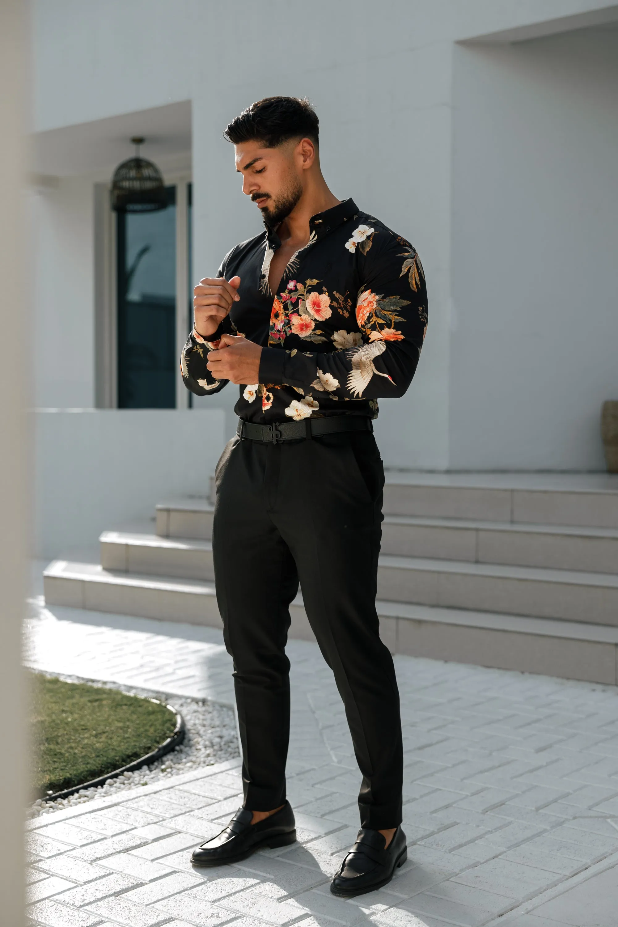 Father Sons Super Slim Stretch Black Crane Print Long Sleeve with Button Down Collar - FS772