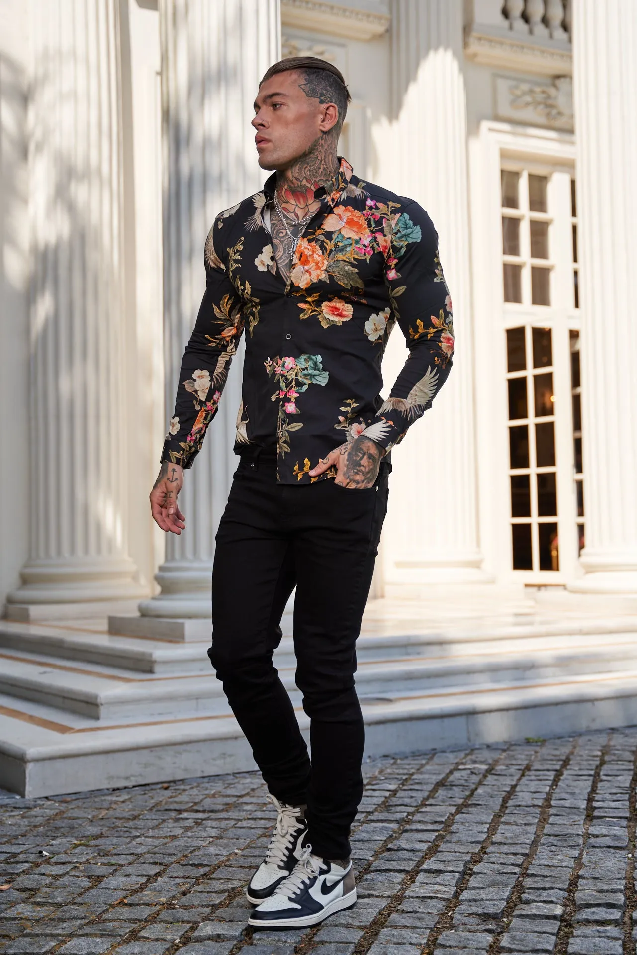 Father Sons Super Slim Stretch Black Crane Print Long Sleeve with Button Down Collar - FS772
