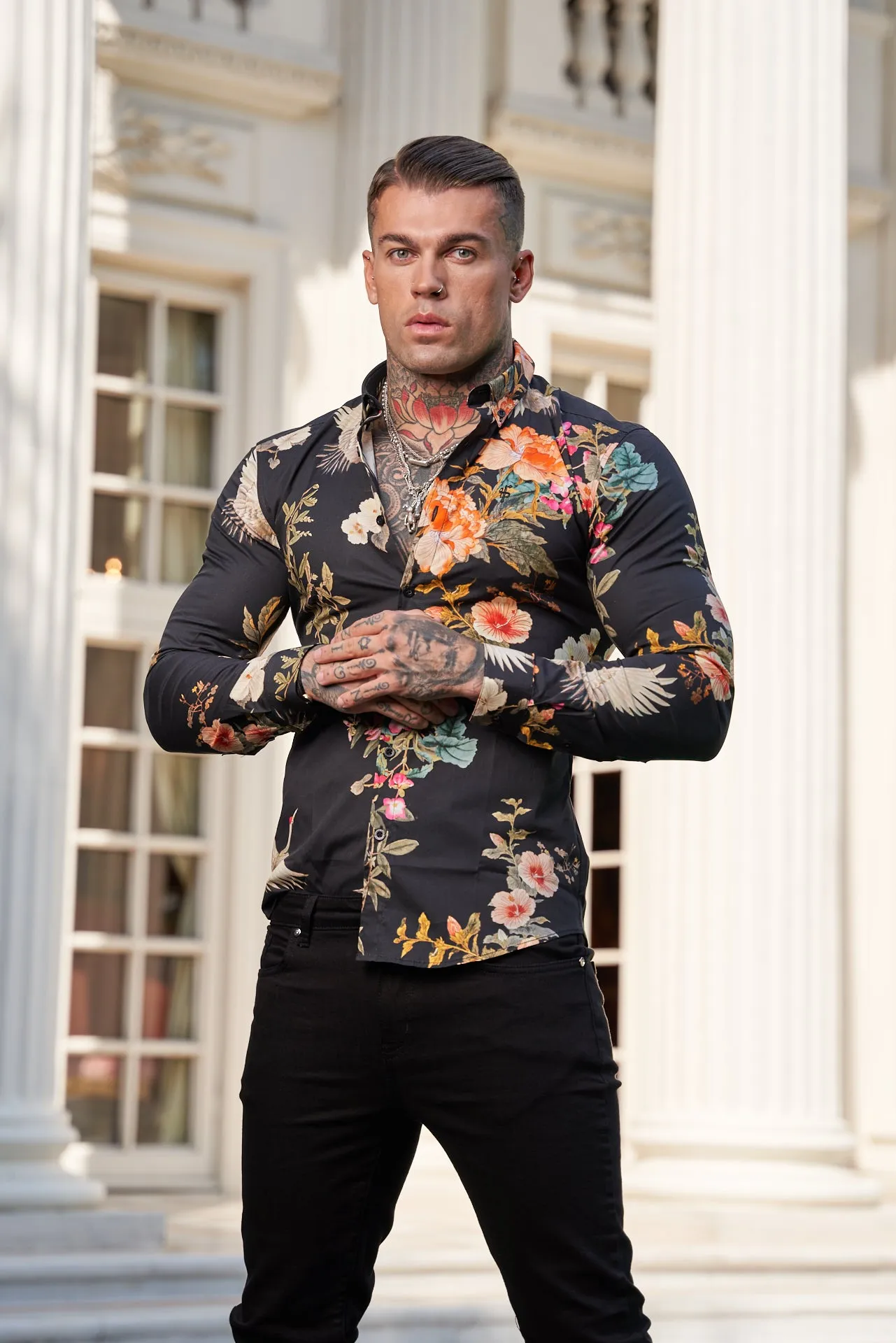 Father Sons Super Slim Stretch Black Crane Print Long Sleeve with Button Down Collar - FS772
