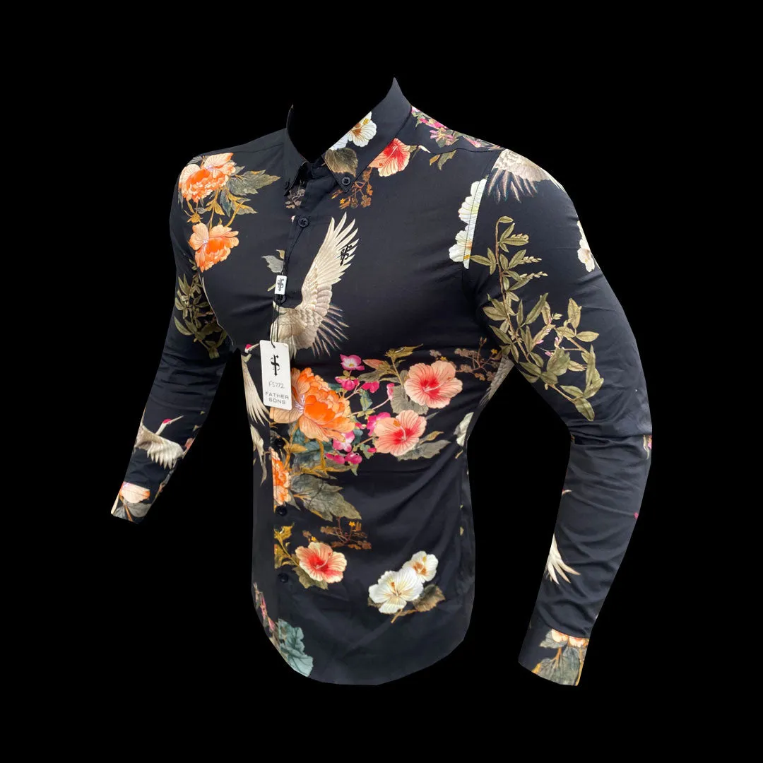 Father Sons Super Slim Stretch Black Crane Print Long Sleeve with Button Down Collar - FS772