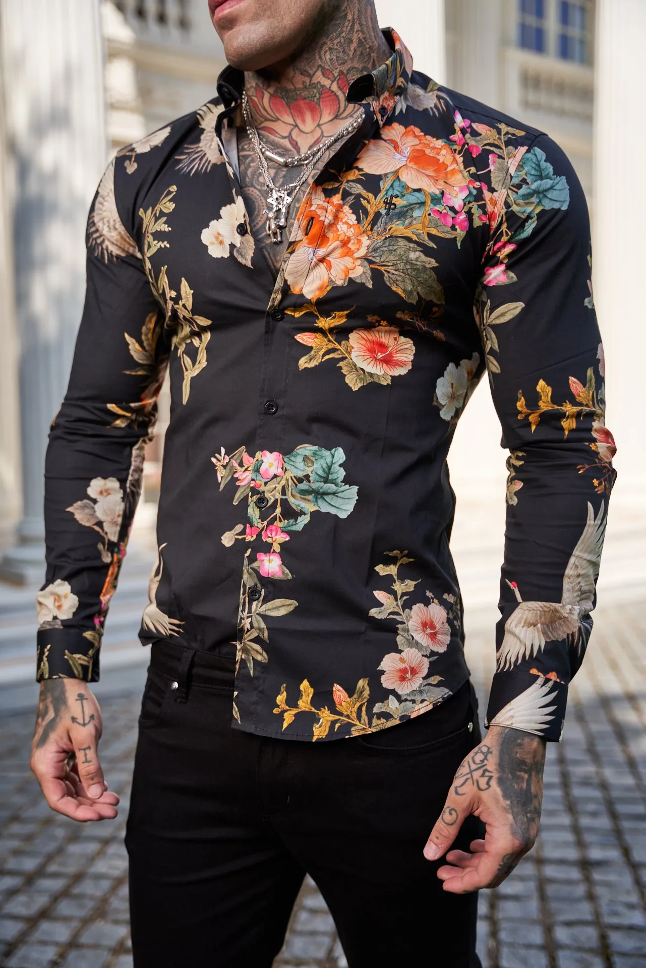 Father Sons Super Slim Stretch Black Crane Print Long Sleeve with Button Down Collar - FS772