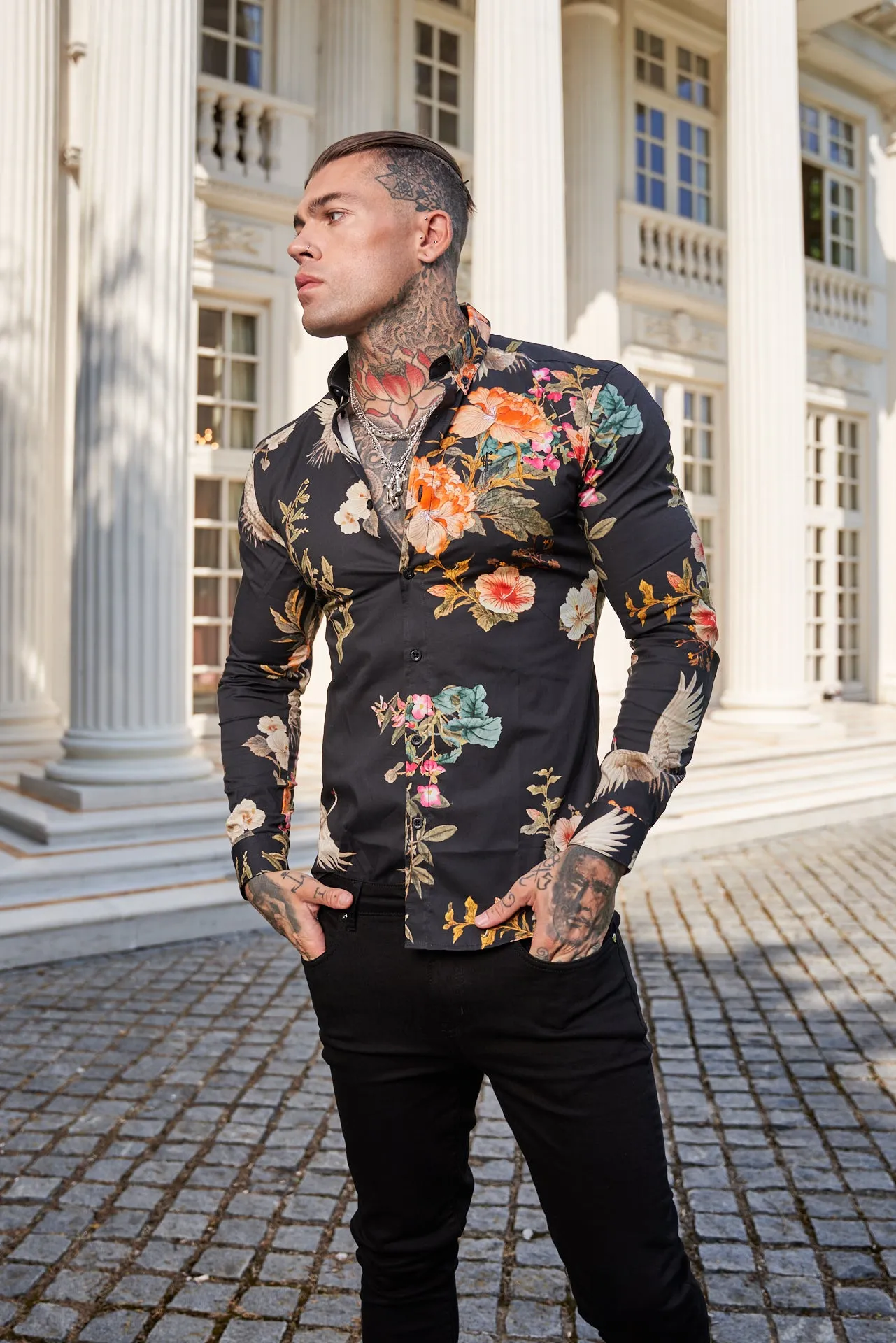 Father Sons Super Slim Stretch Black Crane Print Long Sleeve with Button Down Collar - FS772
