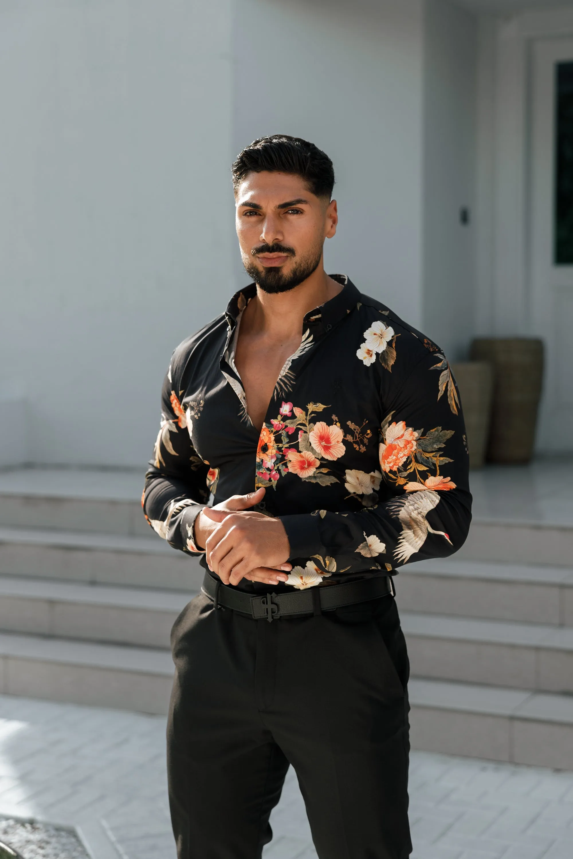 Father Sons Super Slim Stretch Black Crane Print Long Sleeve with Button Down Collar - FS772
