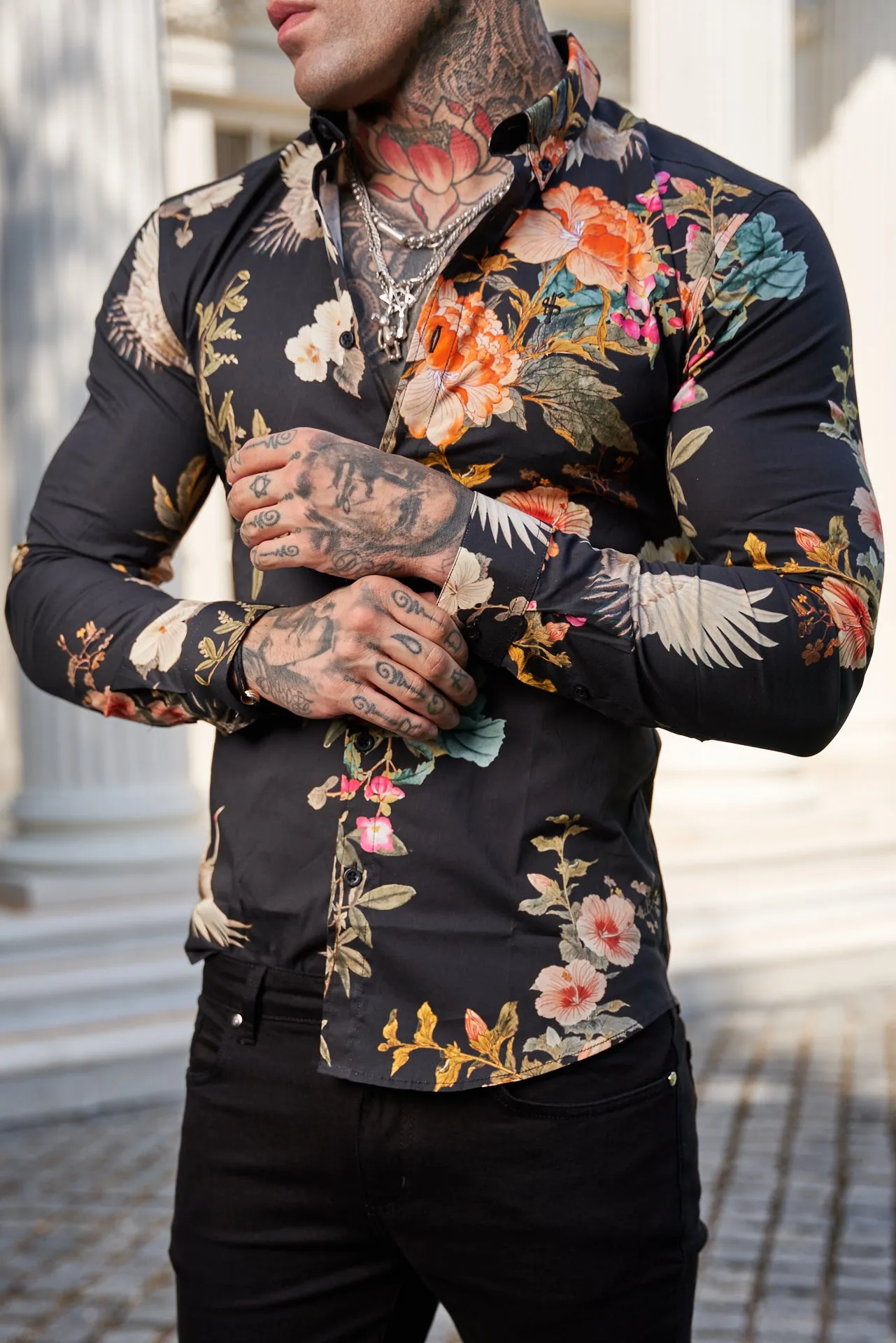 Father Sons Super Slim Stretch Black Crane Print Long Sleeve with Button Down Collar - FS772