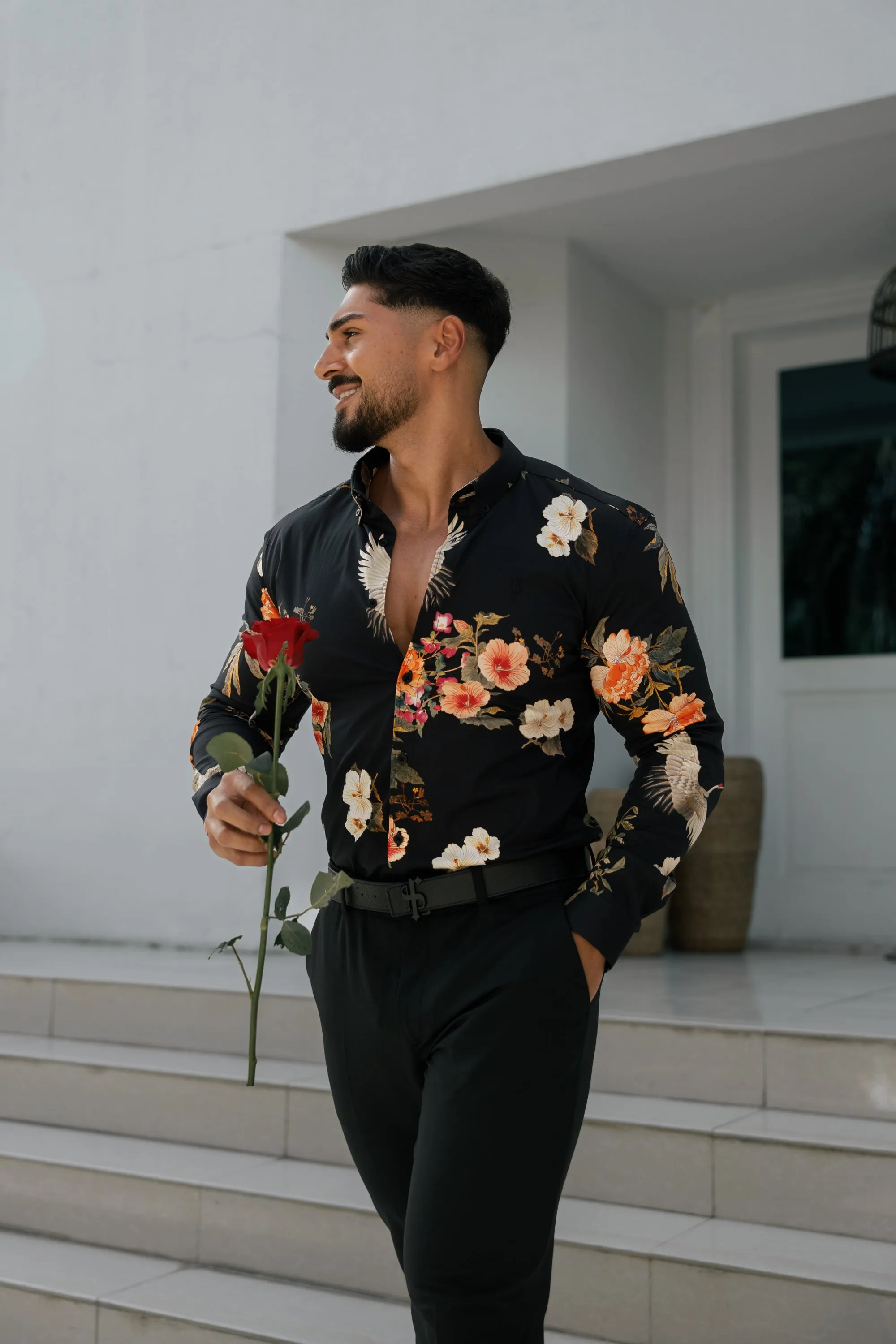 Father Sons Super Slim Stretch Black Crane Print Long Sleeve with Button Down Collar - FS772