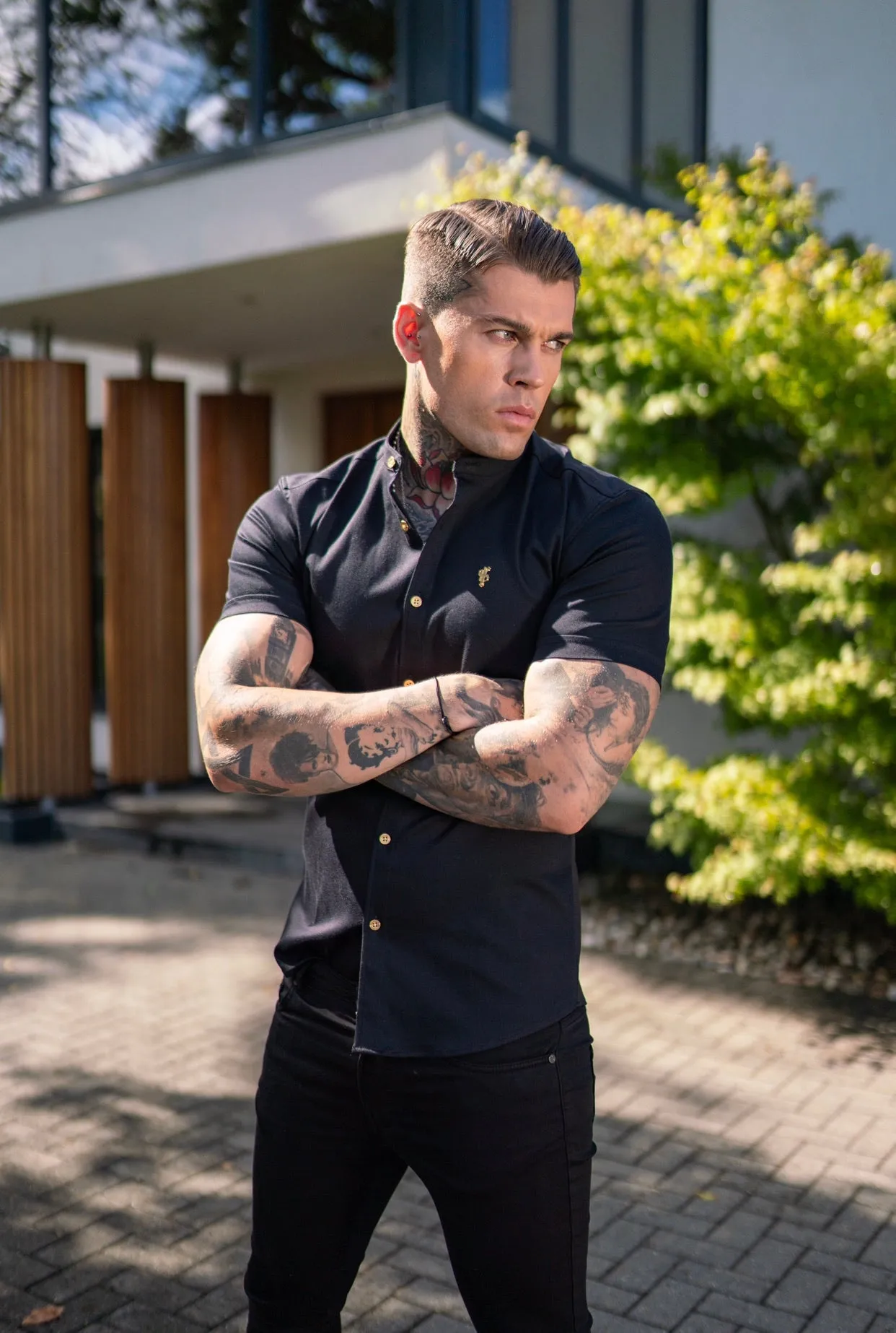 Father Sons Super Slim Stretch Black Denim Short Sleeve Grandad collar with Metal Buttons and Decal Emblem - FS708
