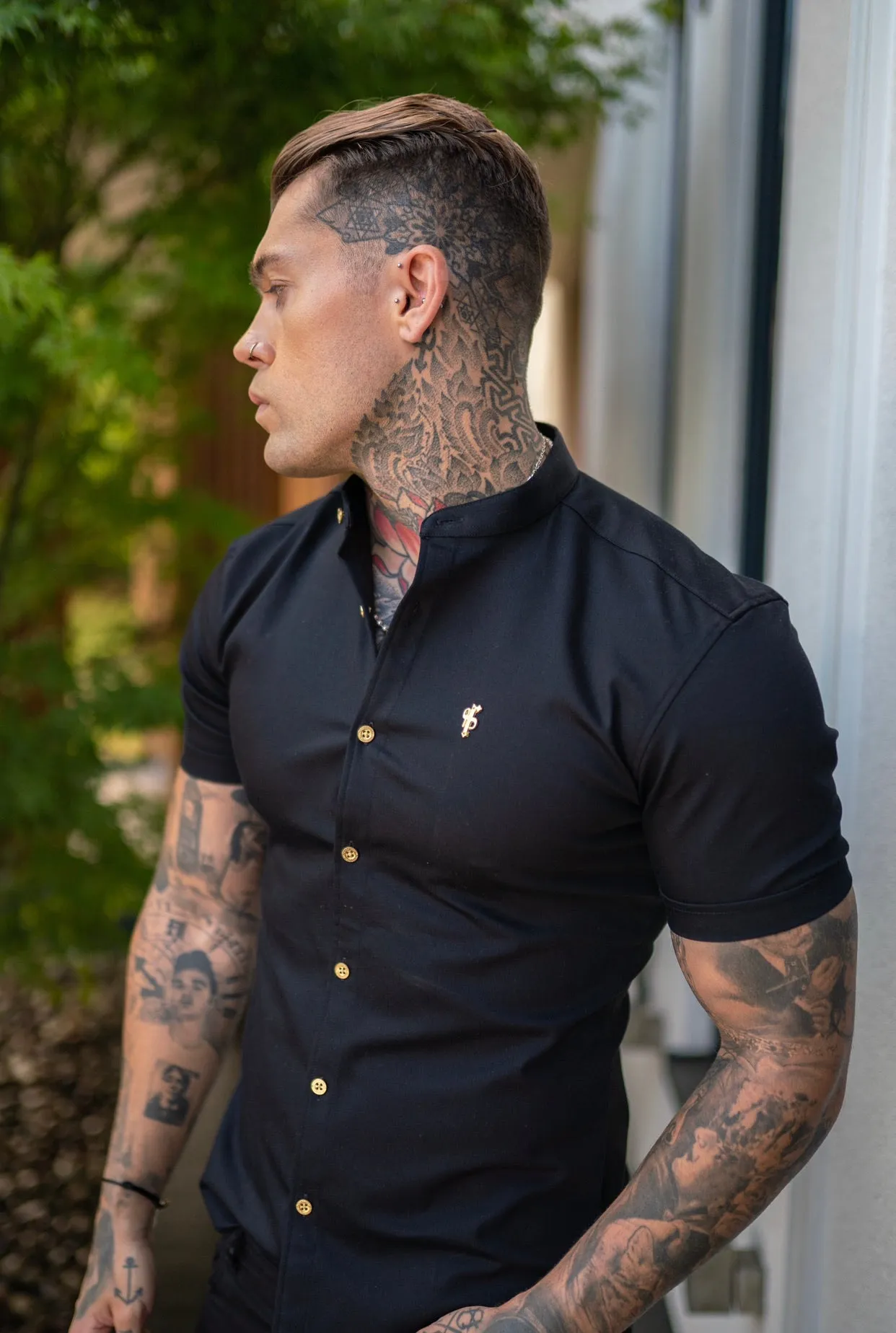 Father Sons Super Slim Stretch Black Denim Short Sleeve Grandad collar with Metal Buttons and Decal Emblem - FS708
