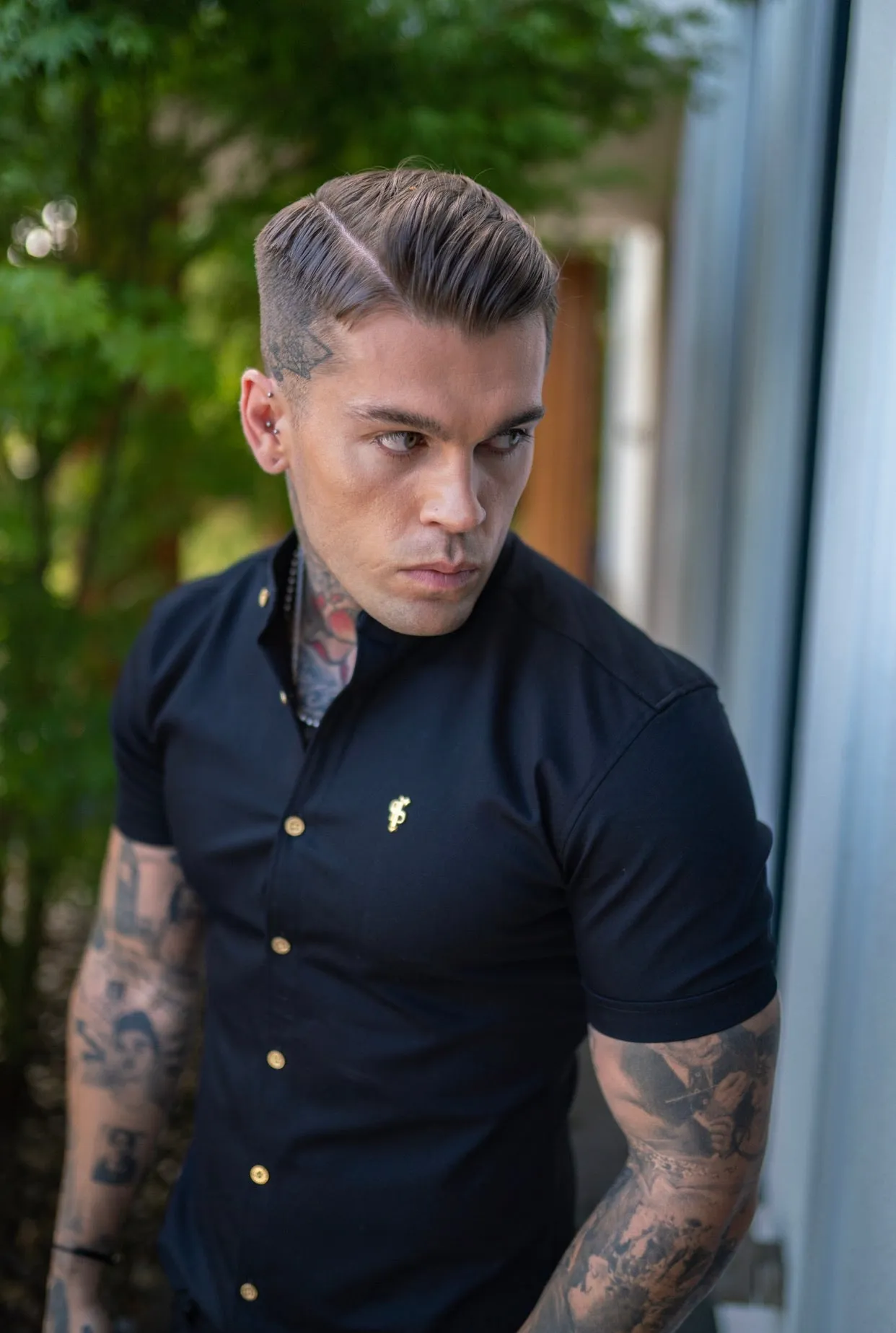 Father Sons Super Slim Stretch Black Denim Short Sleeve Grandad collar with Metal Buttons and Decal Emblem - FS708