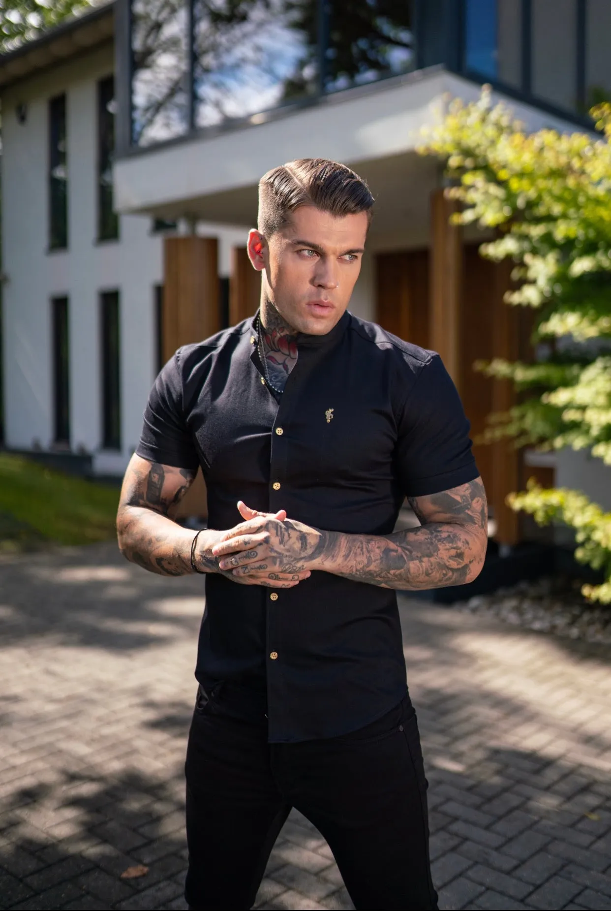 Father Sons Super Slim Stretch Black Denim Short Sleeve Grandad collar with Metal Buttons and Decal Emblem - FS708