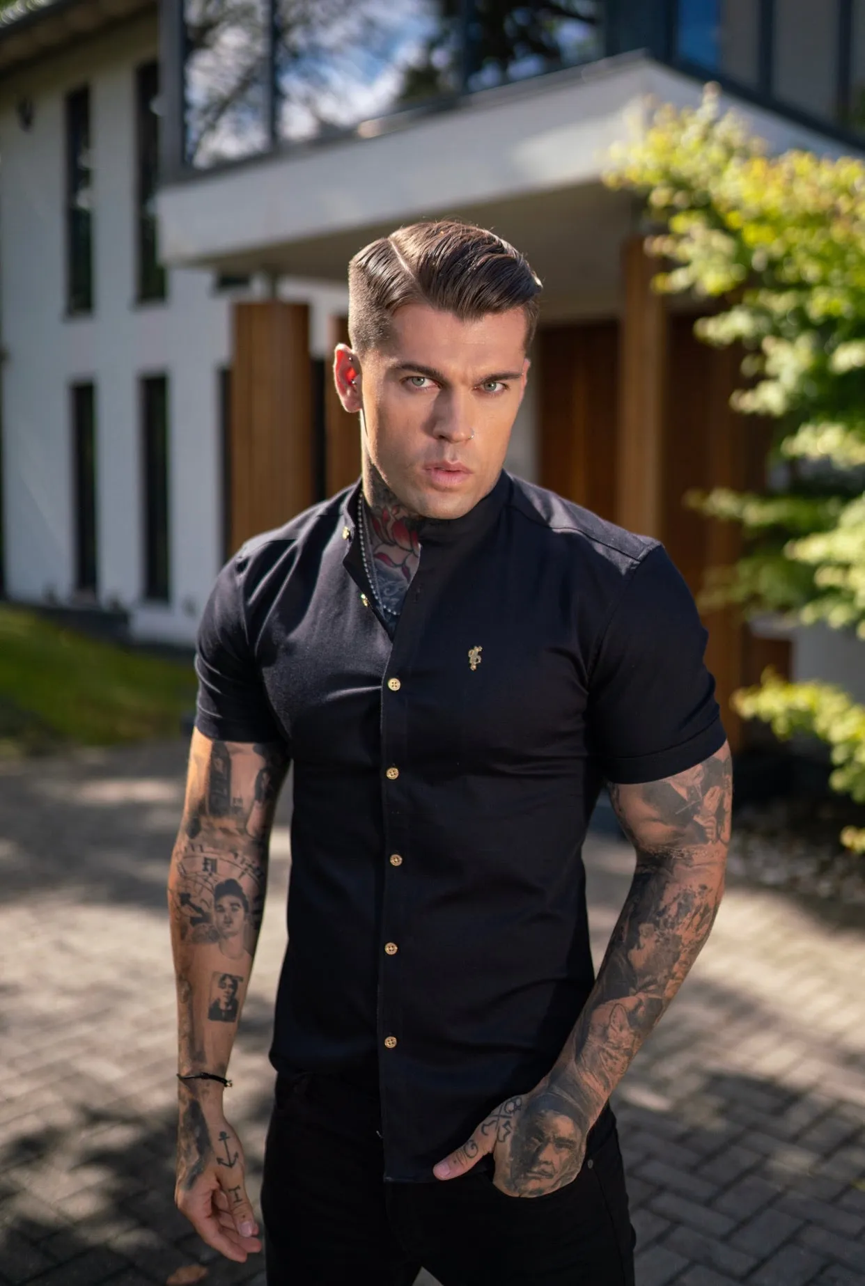 Father Sons Super Slim Stretch Black Denim Short Sleeve Grandad collar with Metal Buttons and Decal Emblem - FS708