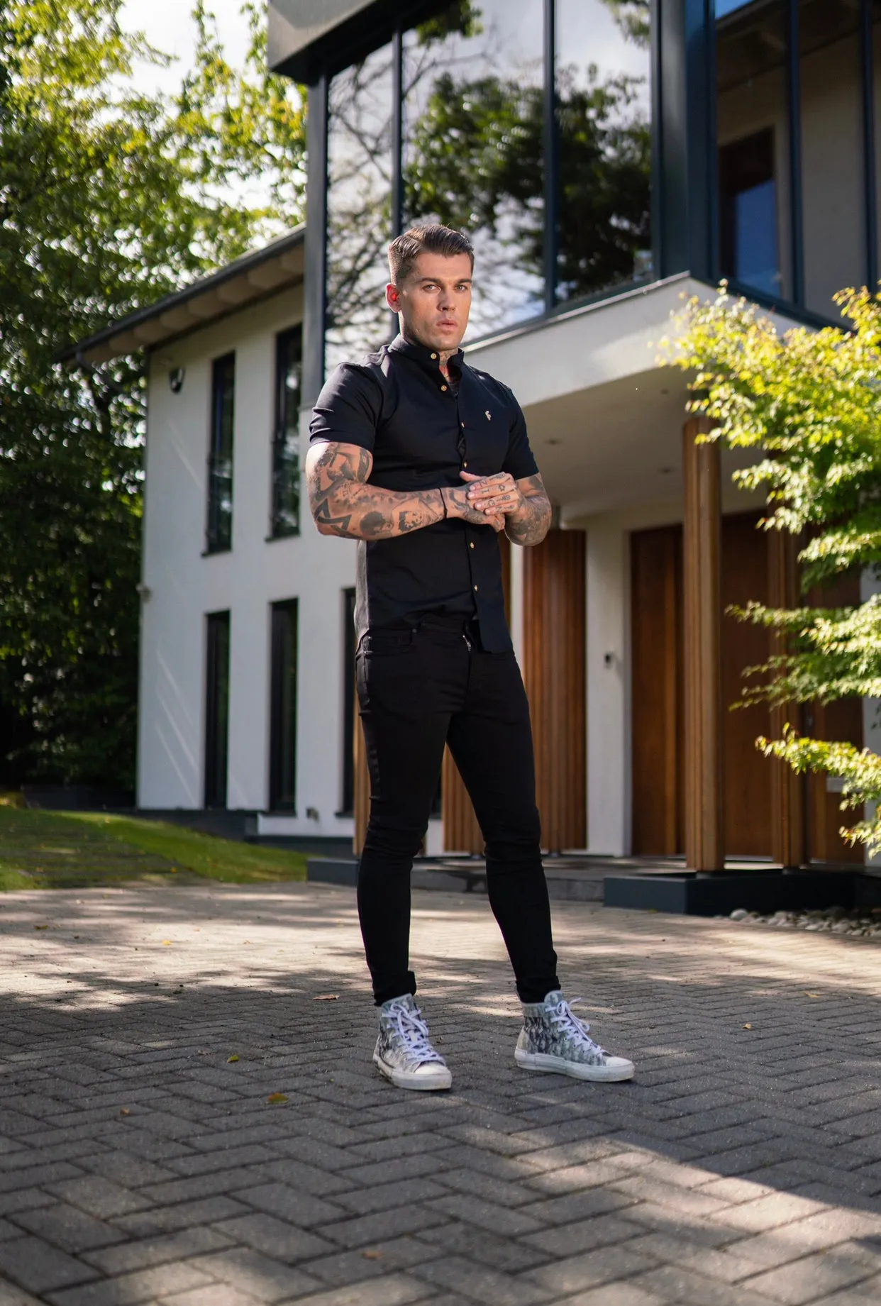 Father Sons Super Slim Stretch Black Denim Short Sleeve Grandad collar with Metal Buttons and Decal Emblem - FS708