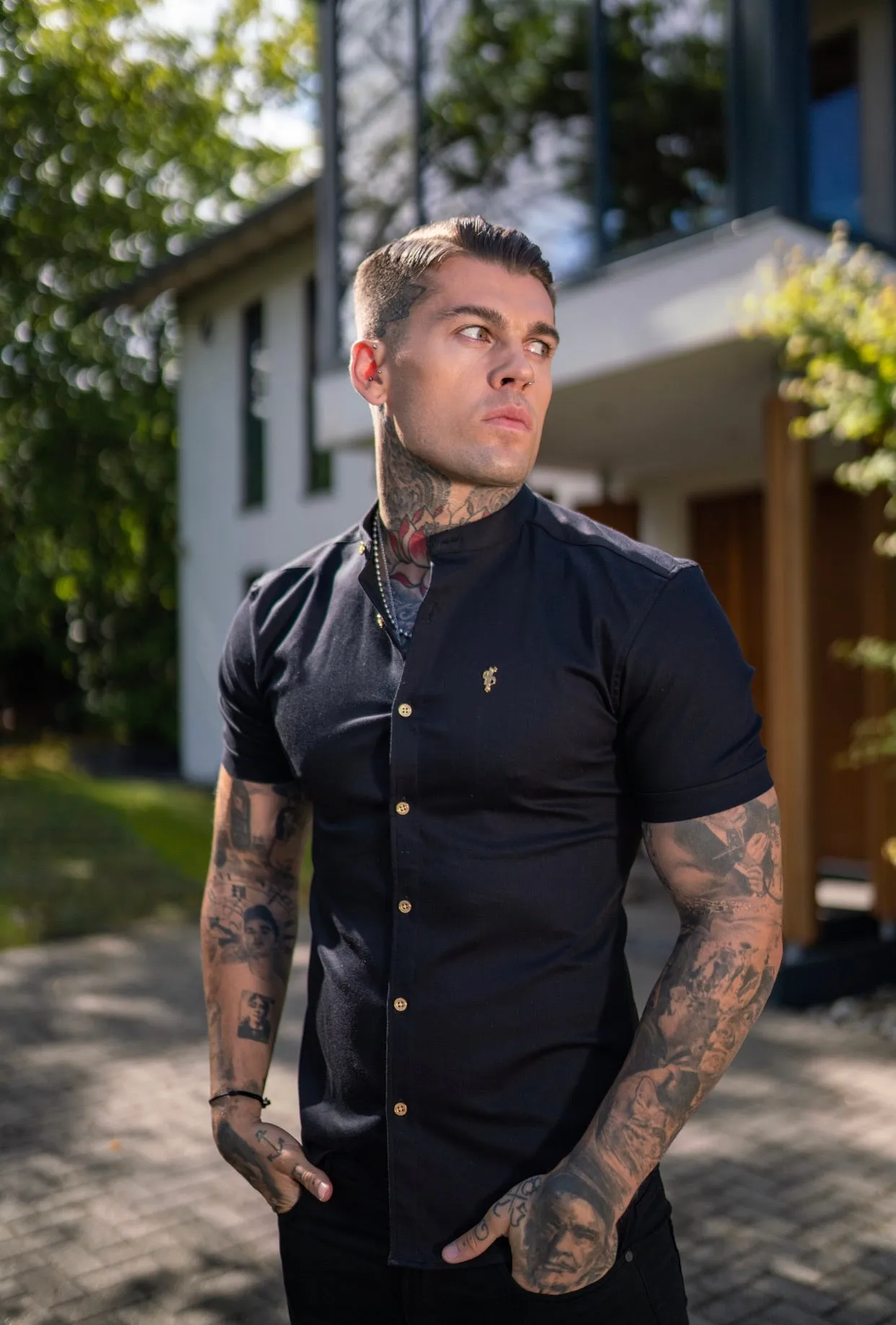 Father Sons Super Slim Stretch Black Denim Short Sleeve Grandad collar with Metal Buttons and Decal Emblem - FS708
