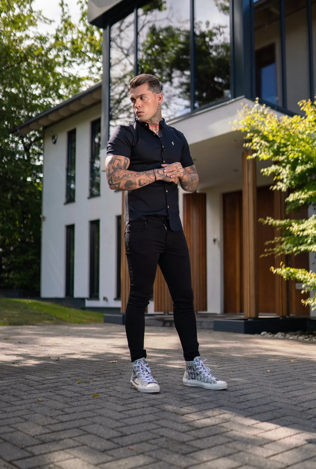 Father Sons Super Slim Stretch Black Denim Short Sleeve Grandad collar with Metal Buttons and Decal Emblem - FS708