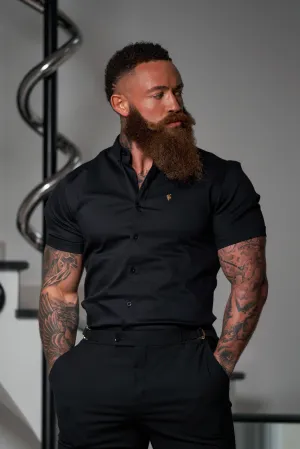 Father Sons Super Slim Stretch Black Denim Short Sleeve with Gold Metal Decal and Button Down Collar - FS1041