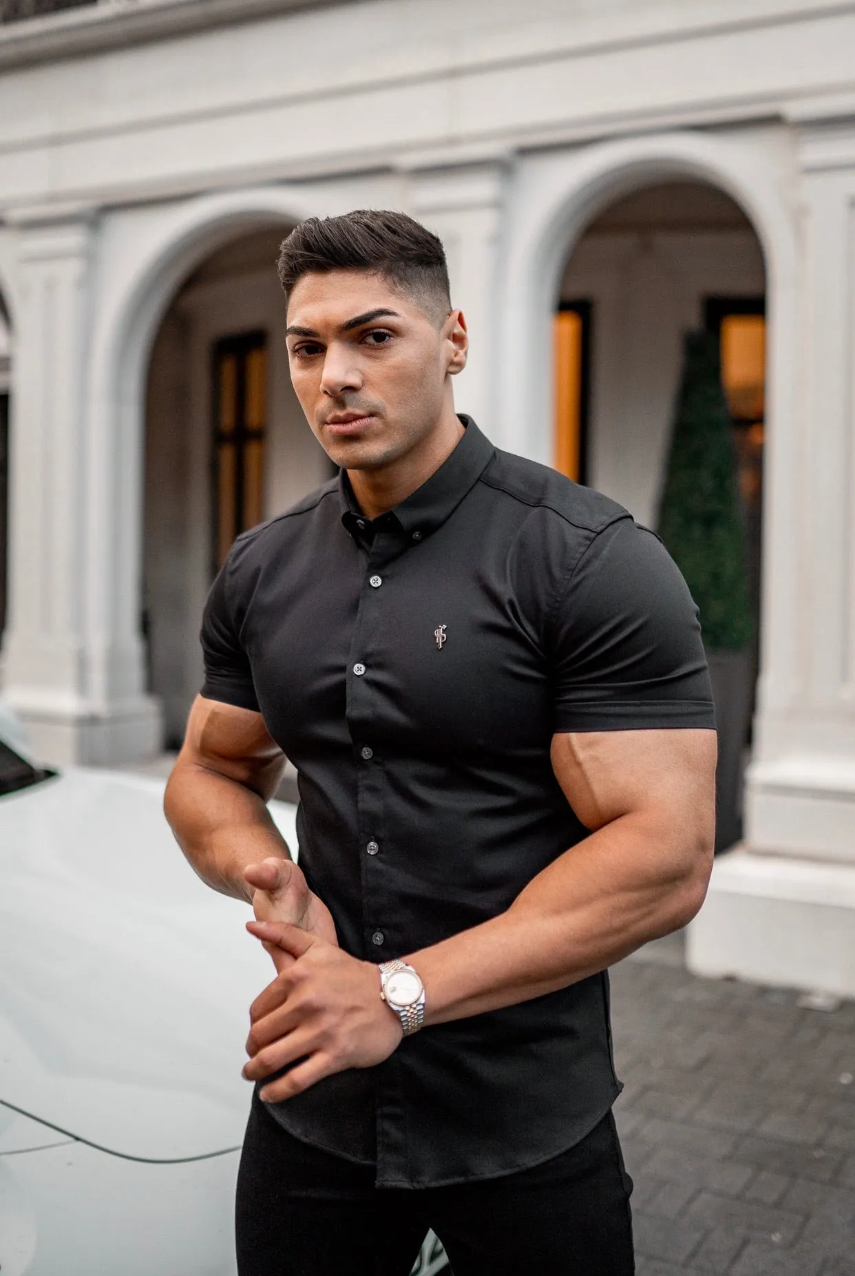 Father Sons Super Slim Stretch Black Denim Short Sleeve with Metal Decal Emblem - FS643