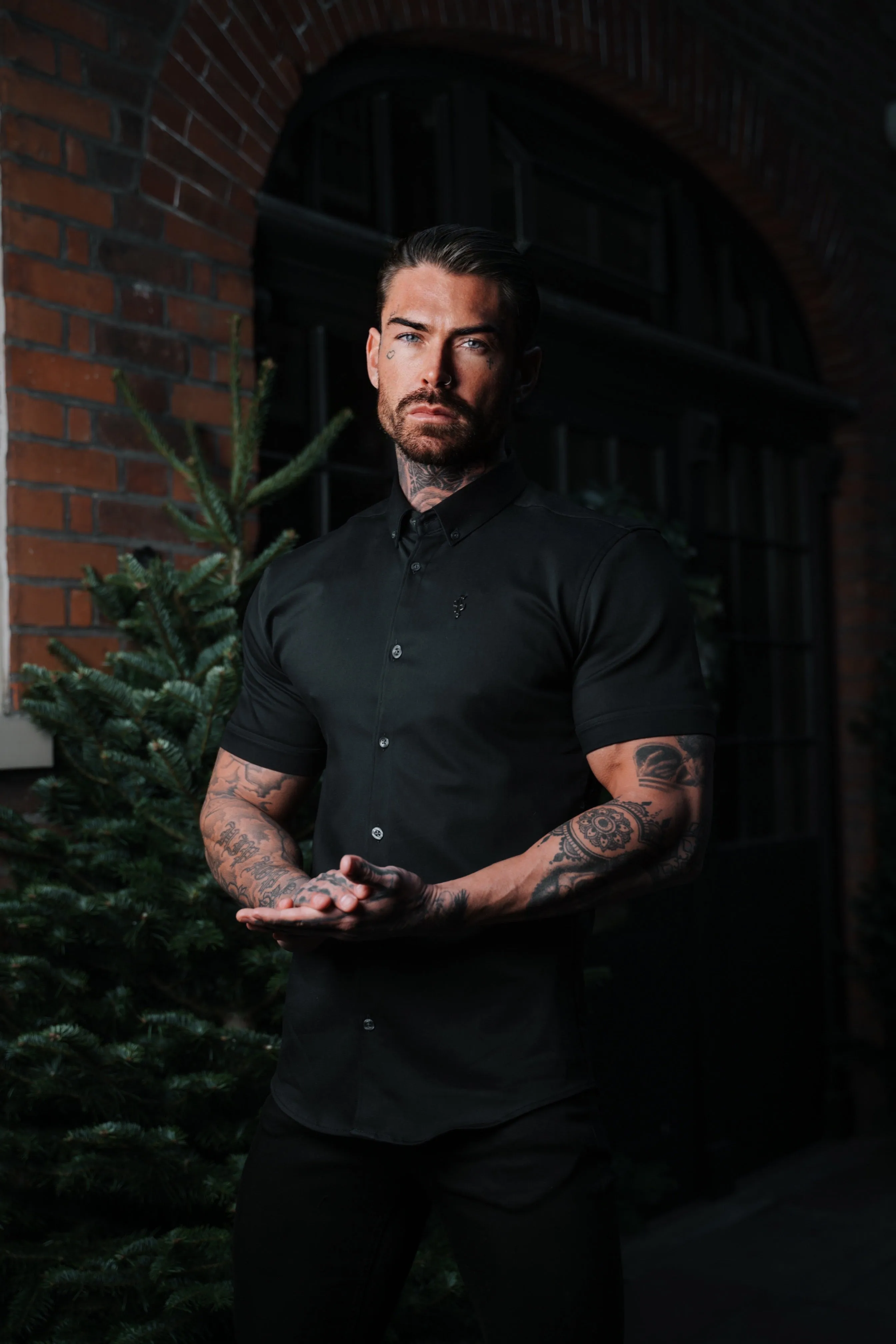 Father Sons Super Slim Stretch Black Denim Short Sleeve with Metal Decal Emblem - FS643
