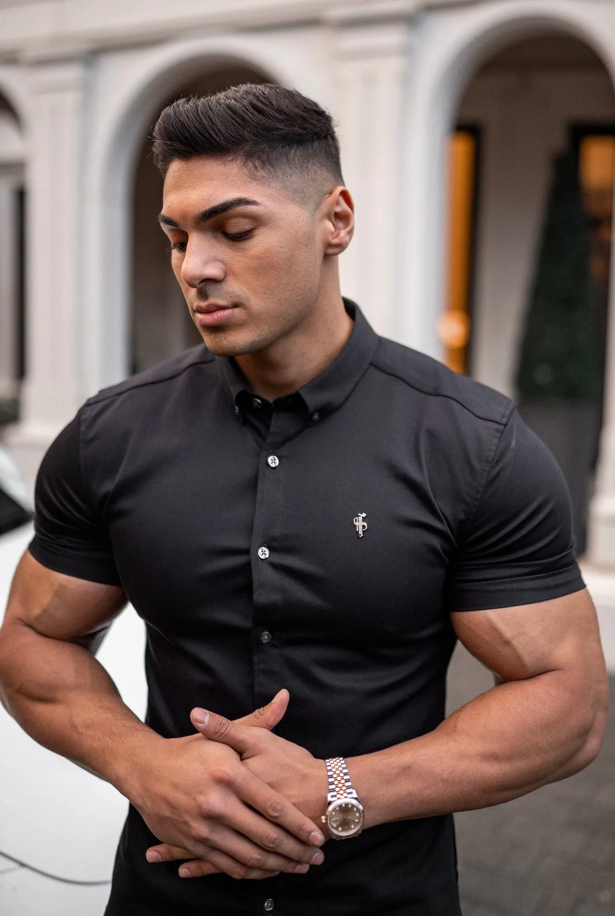 Father Sons Super Slim Stretch Black Denim Short Sleeve with Metal Decal Emblem - FS643