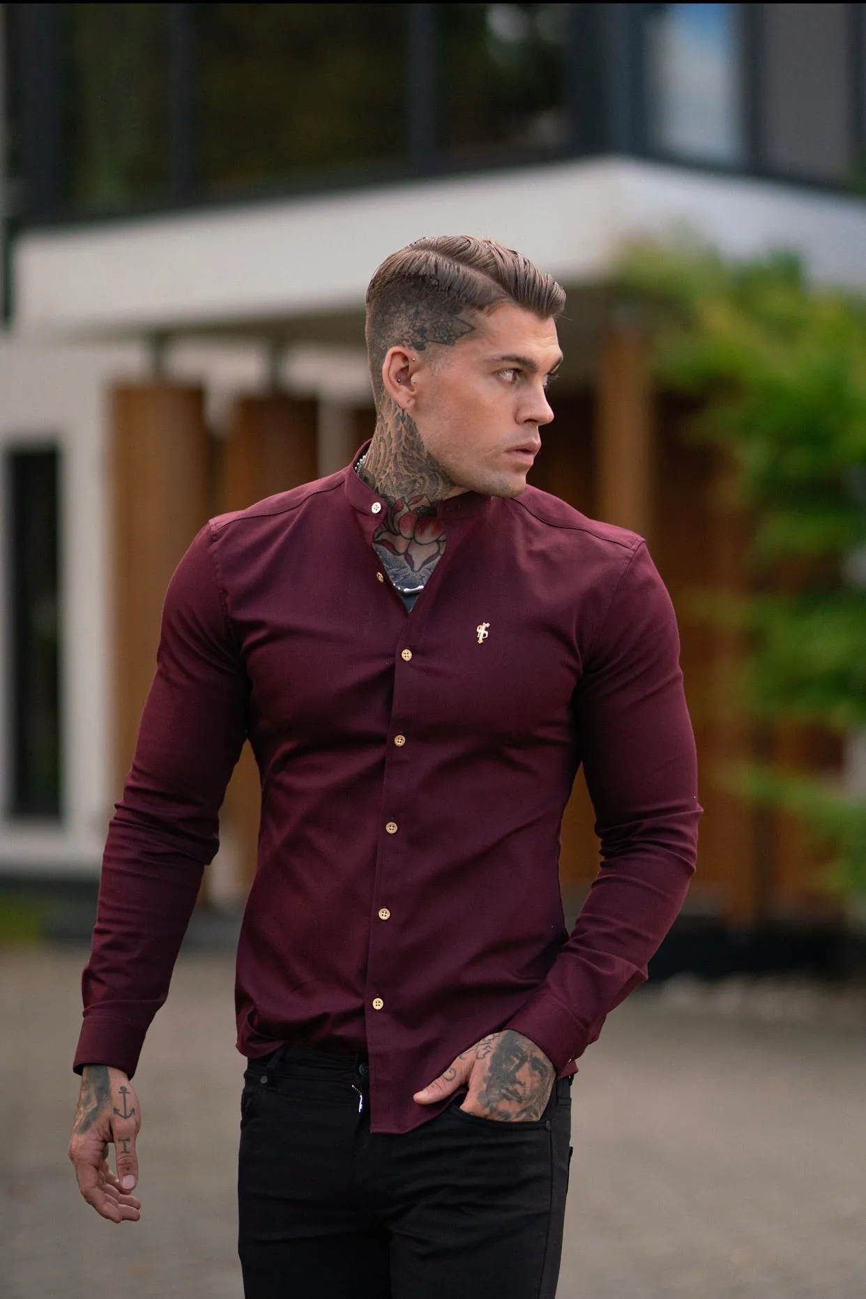 Father Sons Super Slim Stretch Burgundy Denim Long Sleeve Grandad collar with Metal Buttons and Decal Emblem - FS721