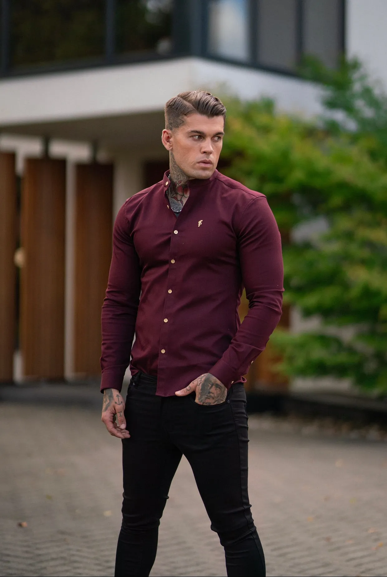 Father Sons Super Slim Stretch Burgundy Denim Long Sleeve Grandad collar with Metal Buttons and Decal Emblem - FS721