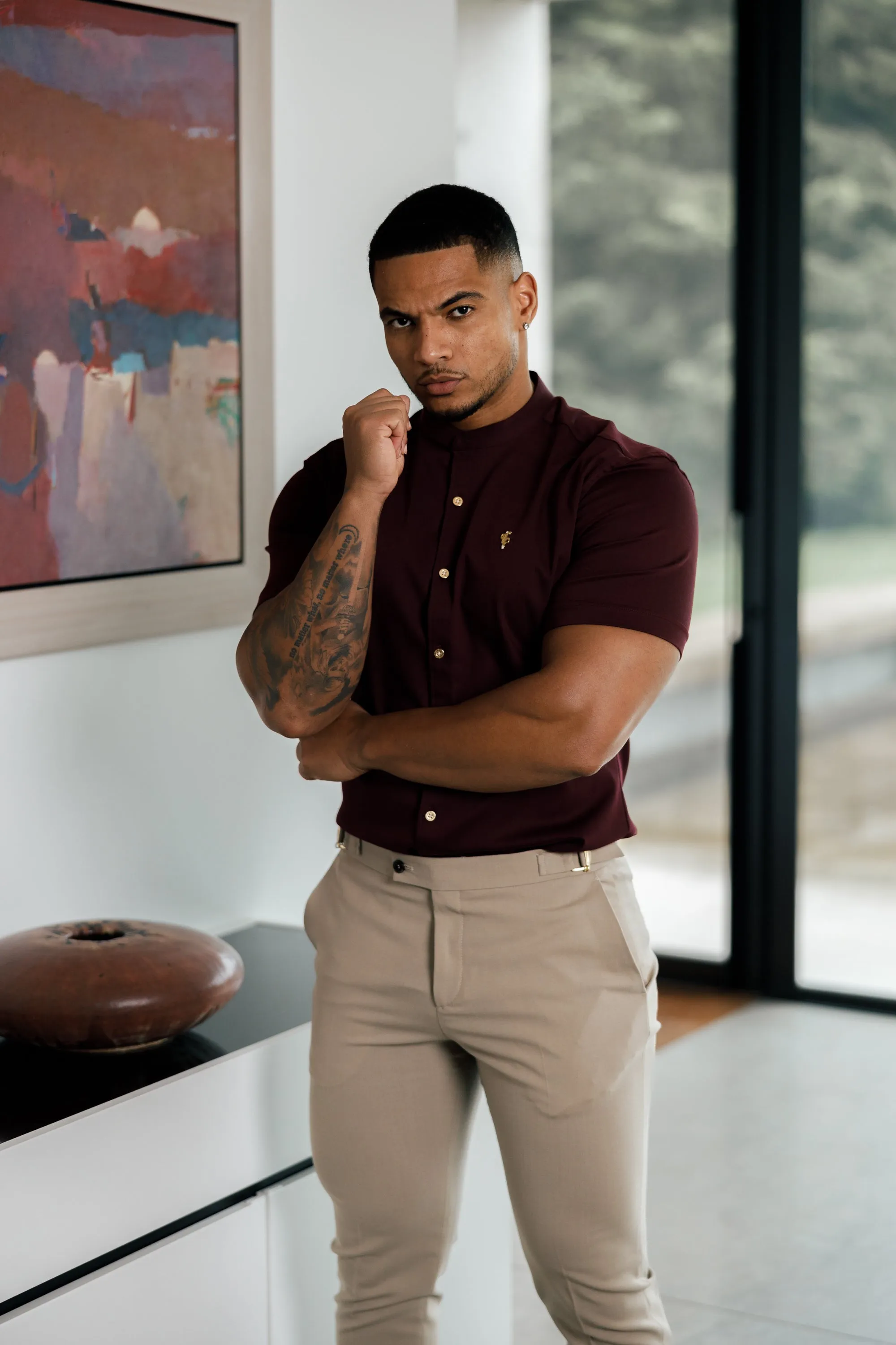 Father Sons Super Slim Stretch Burgundy Denim Short Sleeve Grandad collar with Metal Buttons and Decal Emblem - FS722