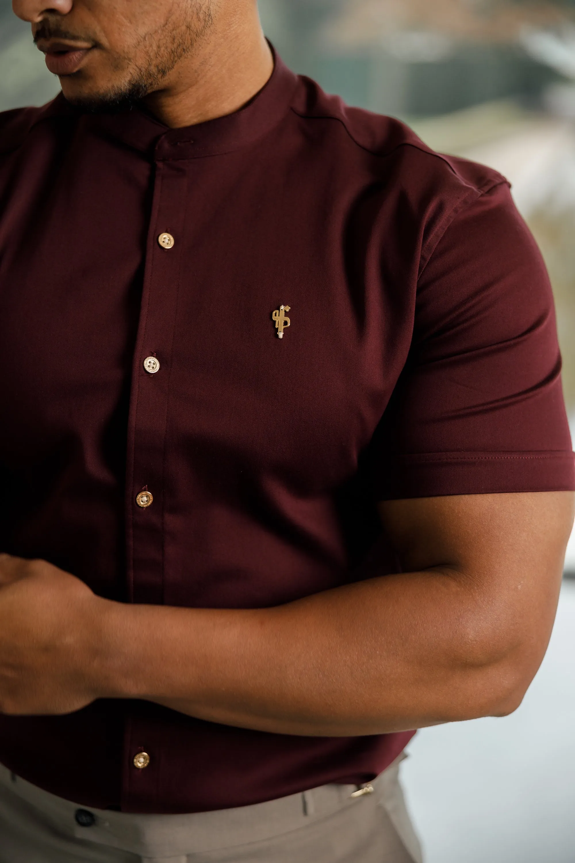 Father Sons Super Slim Stretch Burgundy Denim Short Sleeve Grandad collar with Metal Buttons and Decal Emblem - FS722