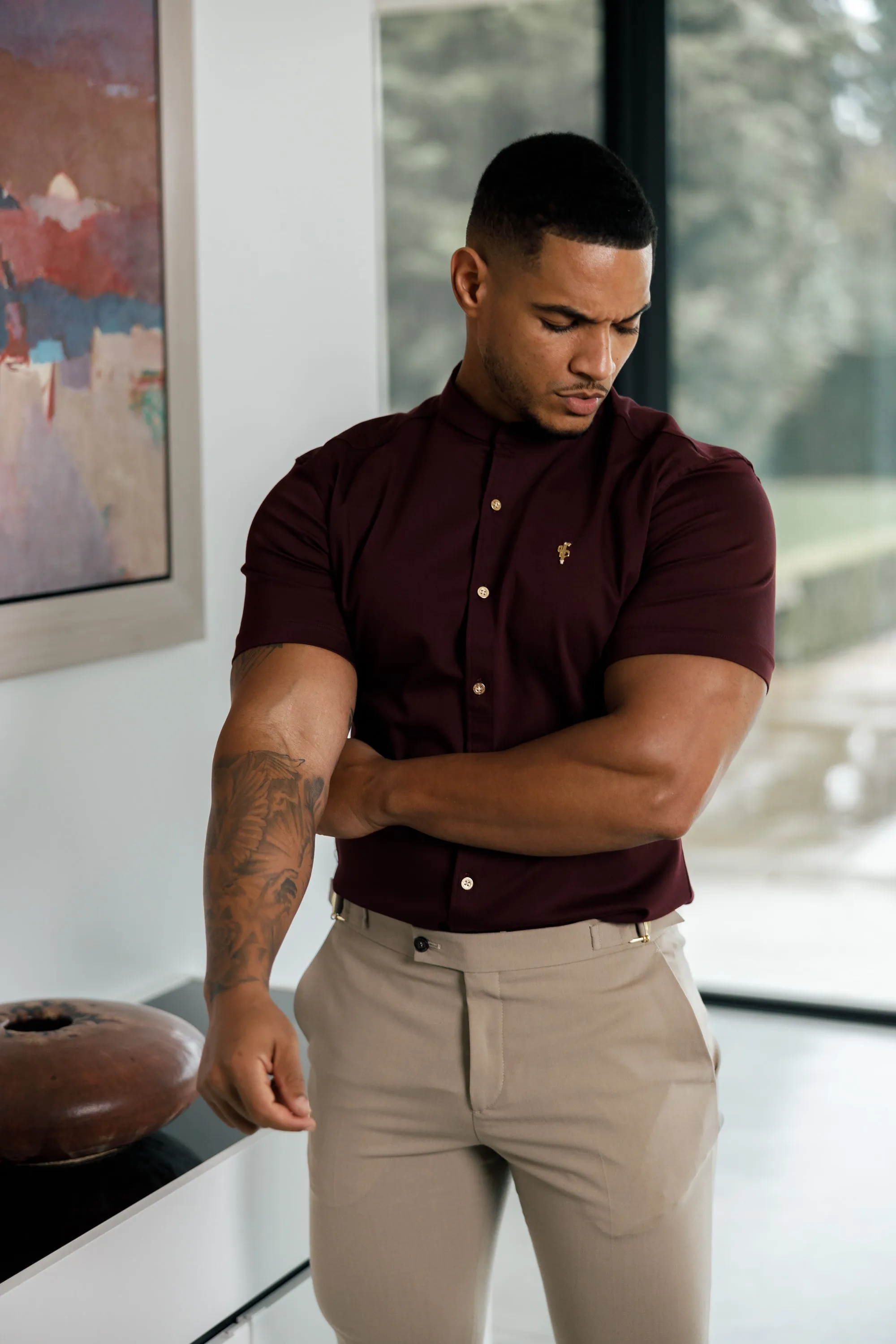 Father Sons Super Slim Stretch Burgundy Denim Short Sleeve Grandad collar with Metal Buttons and Decal Emblem - FS722