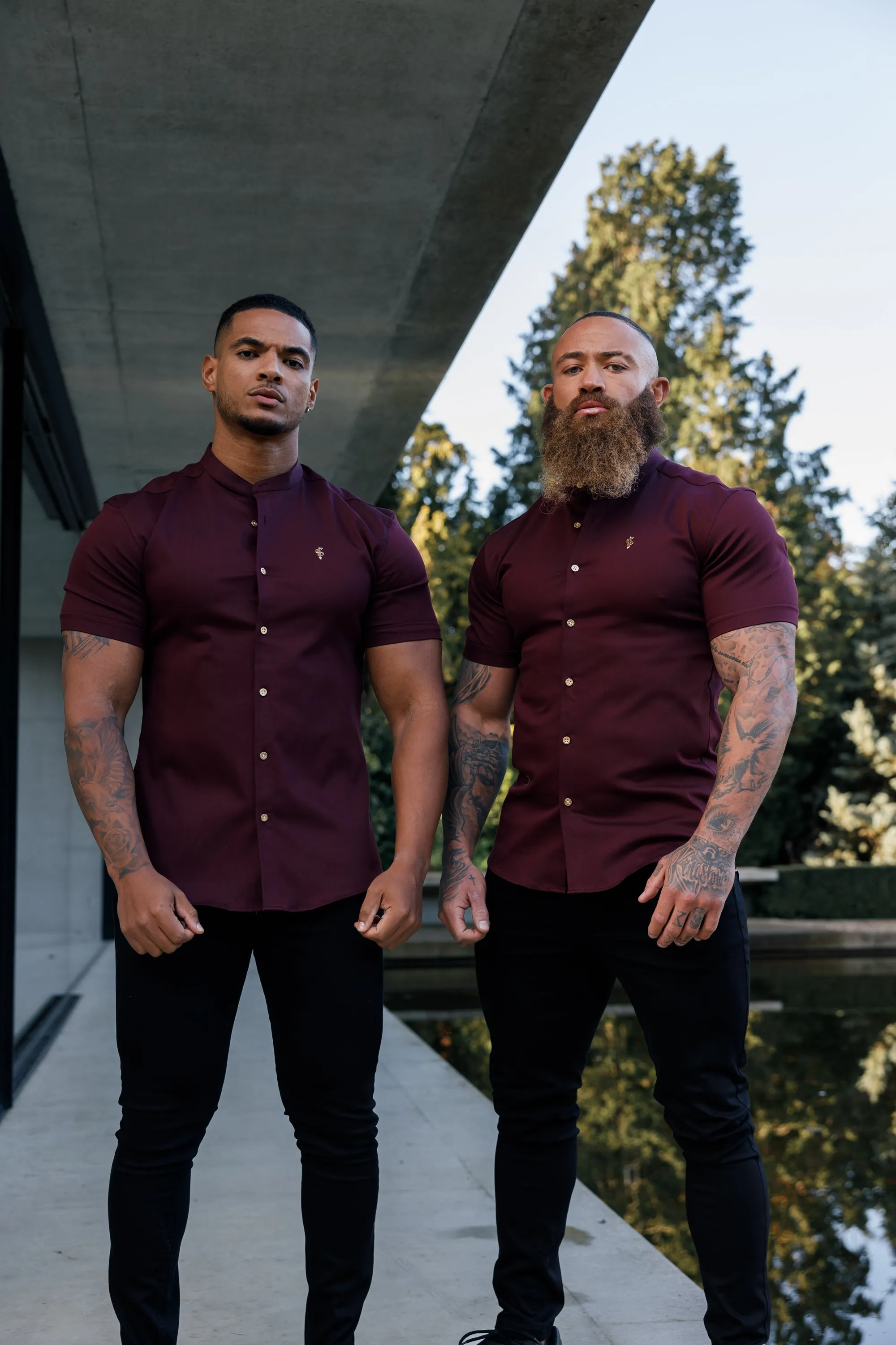 Father Sons Super Slim Stretch Burgundy Denim Short Sleeve Grandad collar with Metal Buttons and Decal Emblem - FS722