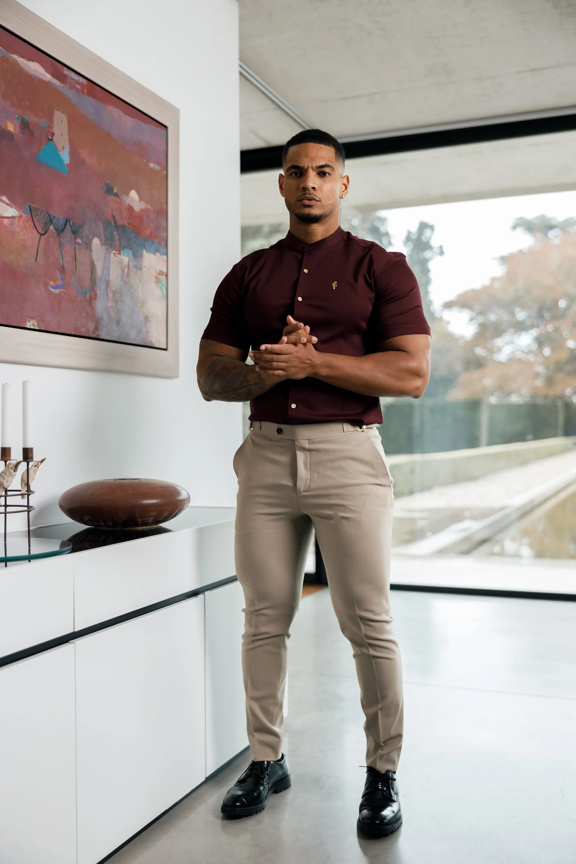 Father Sons Super Slim Stretch Burgundy Denim Short Sleeve Grandad collar with Metal Buttons and Decal Emblem - FS722