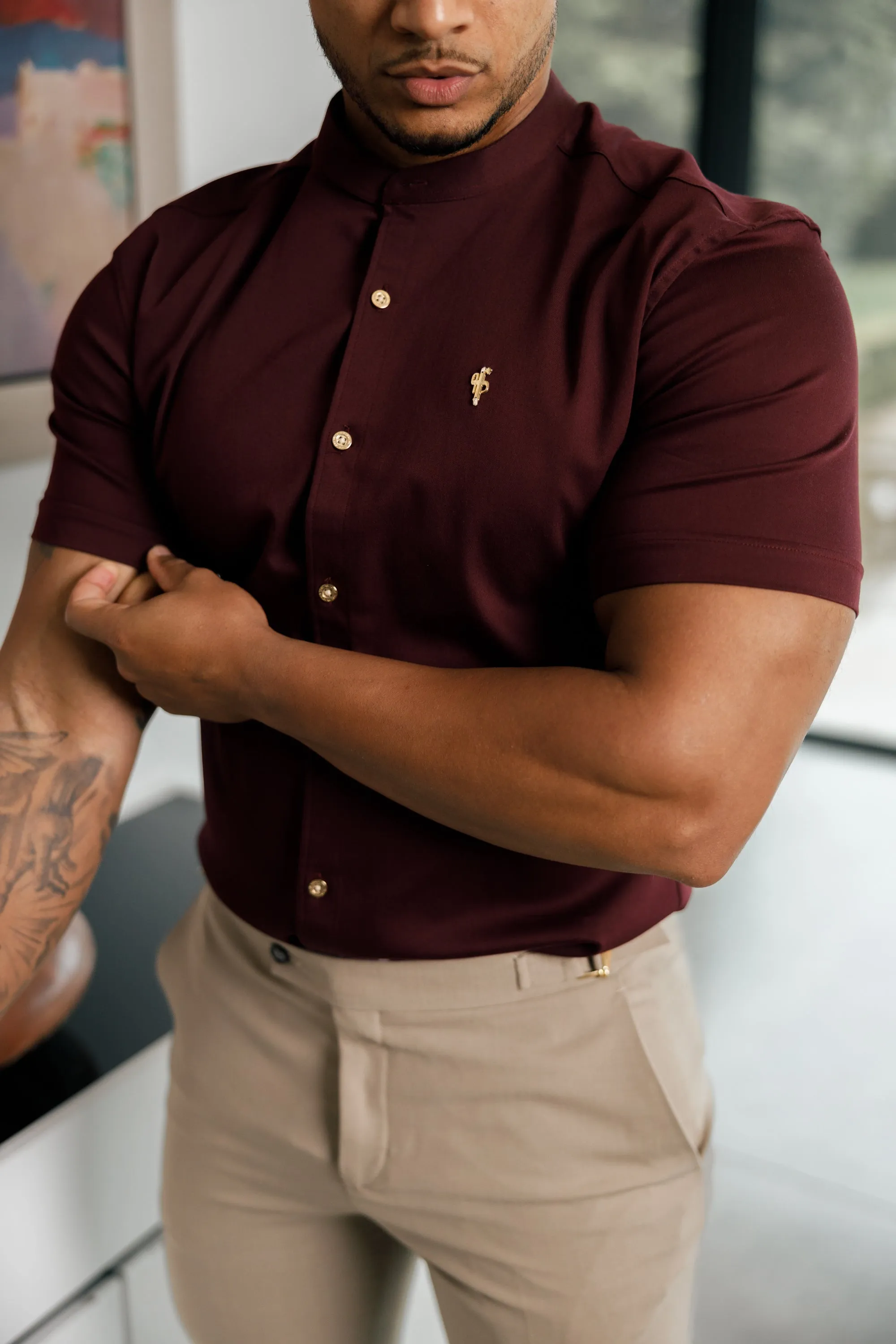 Father Sons Super Slim Stretch Burgundy Denim Short Sleeve Grandad collar with Metal Buttons and Decal Emblem - FS722