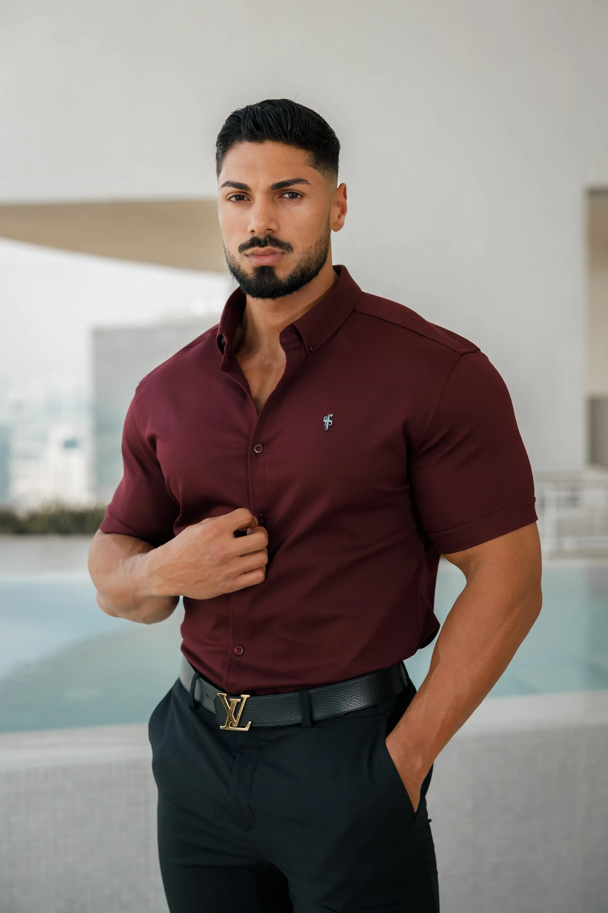 Father Sons Super Slim Stretch Burgundy Denim Short Sleeve with Metal Decal Emblem - FS629
