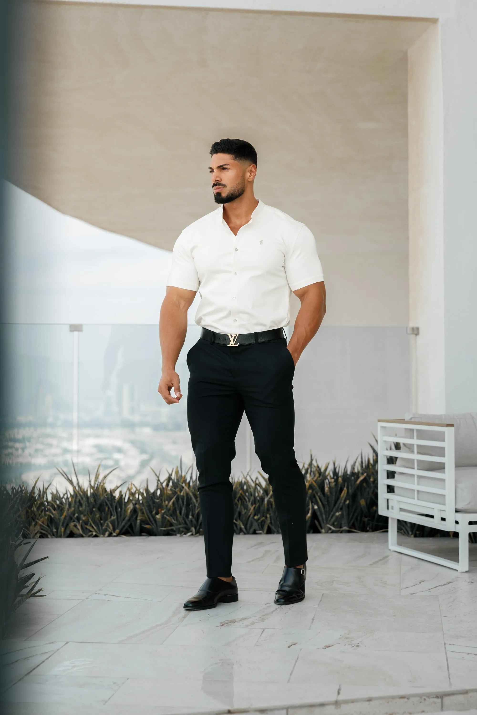 Father Sons Super Slim Stretch Cream Denim Short Sleeve Grandad collar with Metal Buttons and Decal Emblem - FS726