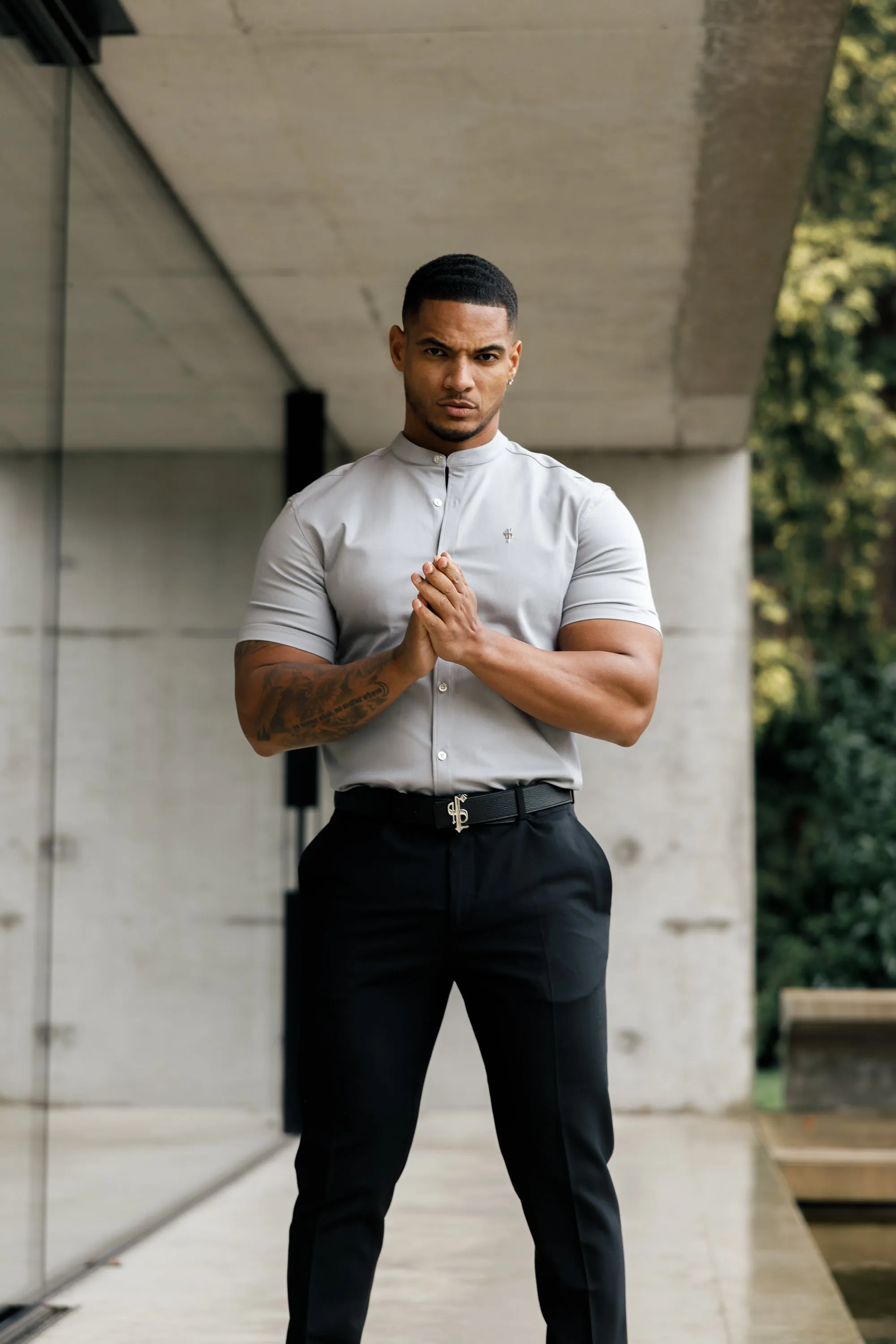 Father Sons Super Slim Stretch Grey Denim Short Sleeve With Grandad Collar and Silver Metal Buttons and Decal  - FS963