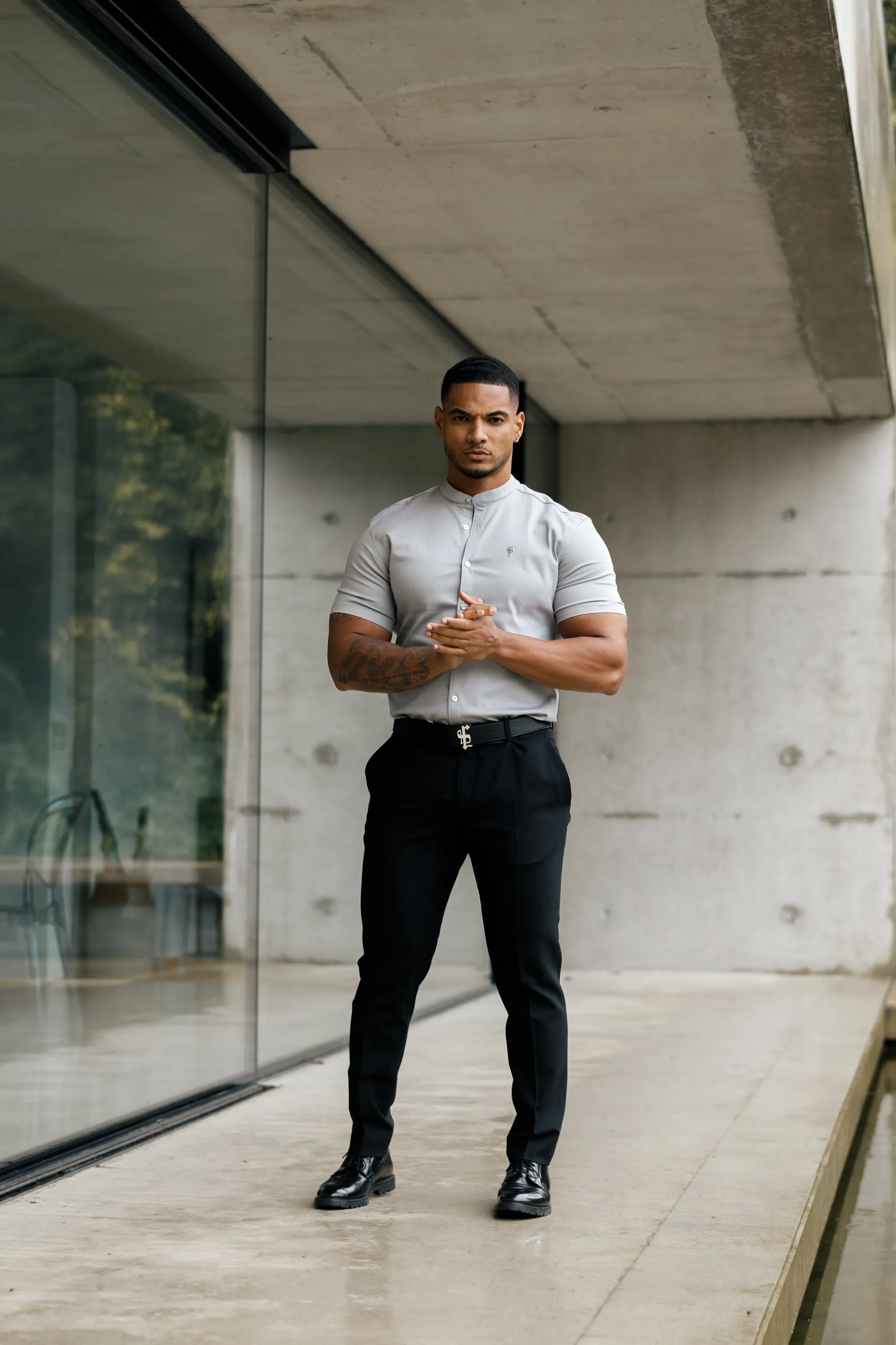 Father Sons Super Slim Stretch Grey Denim Short Sleeve With Grandad Collar and Silver Metal Buttons and Decal  - FS963