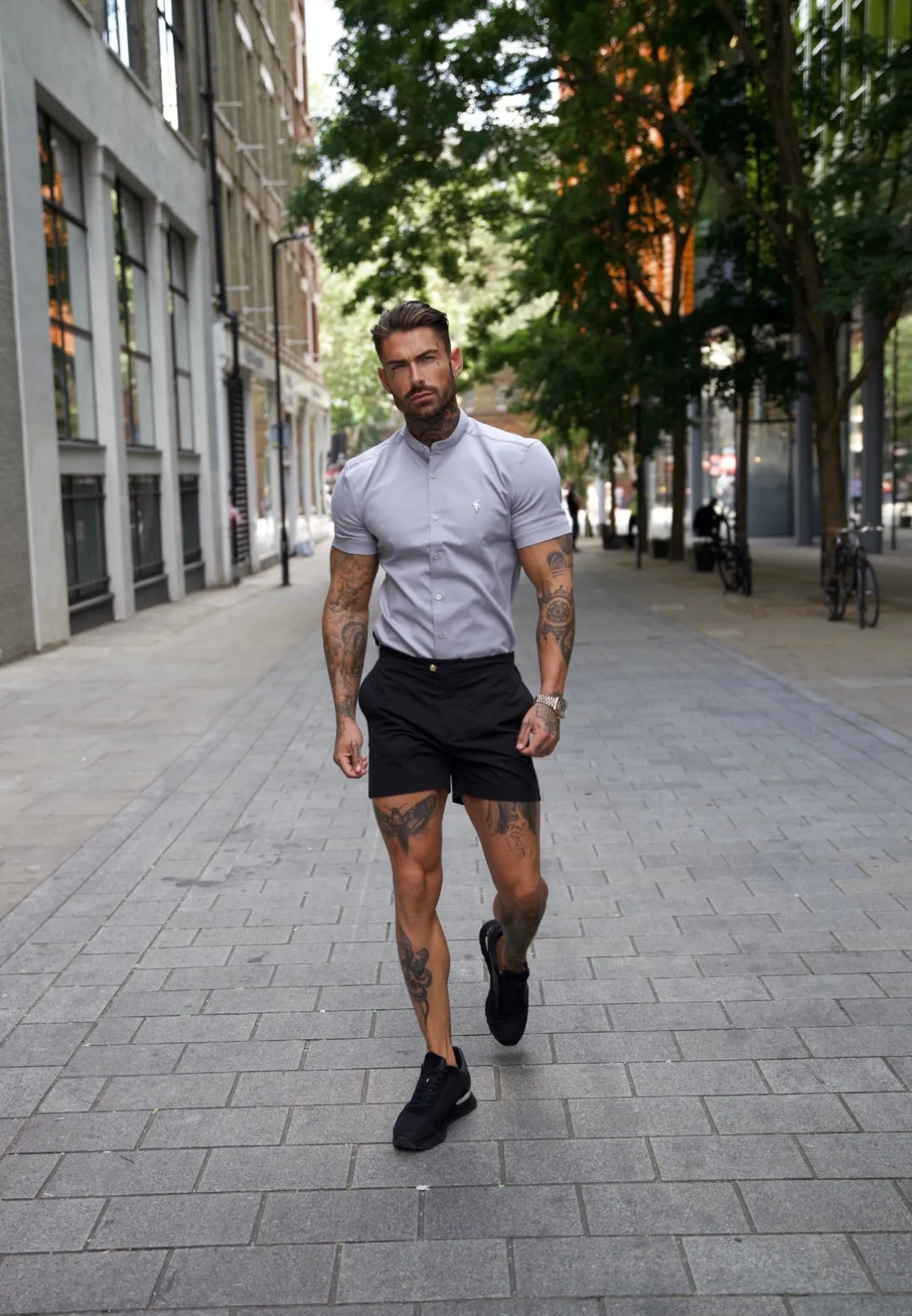 Father Sons Super Slim Stretch Grey Denim Short Sleeve With Grandad Collar and Silver Metal Buttons and Decal  - FS963