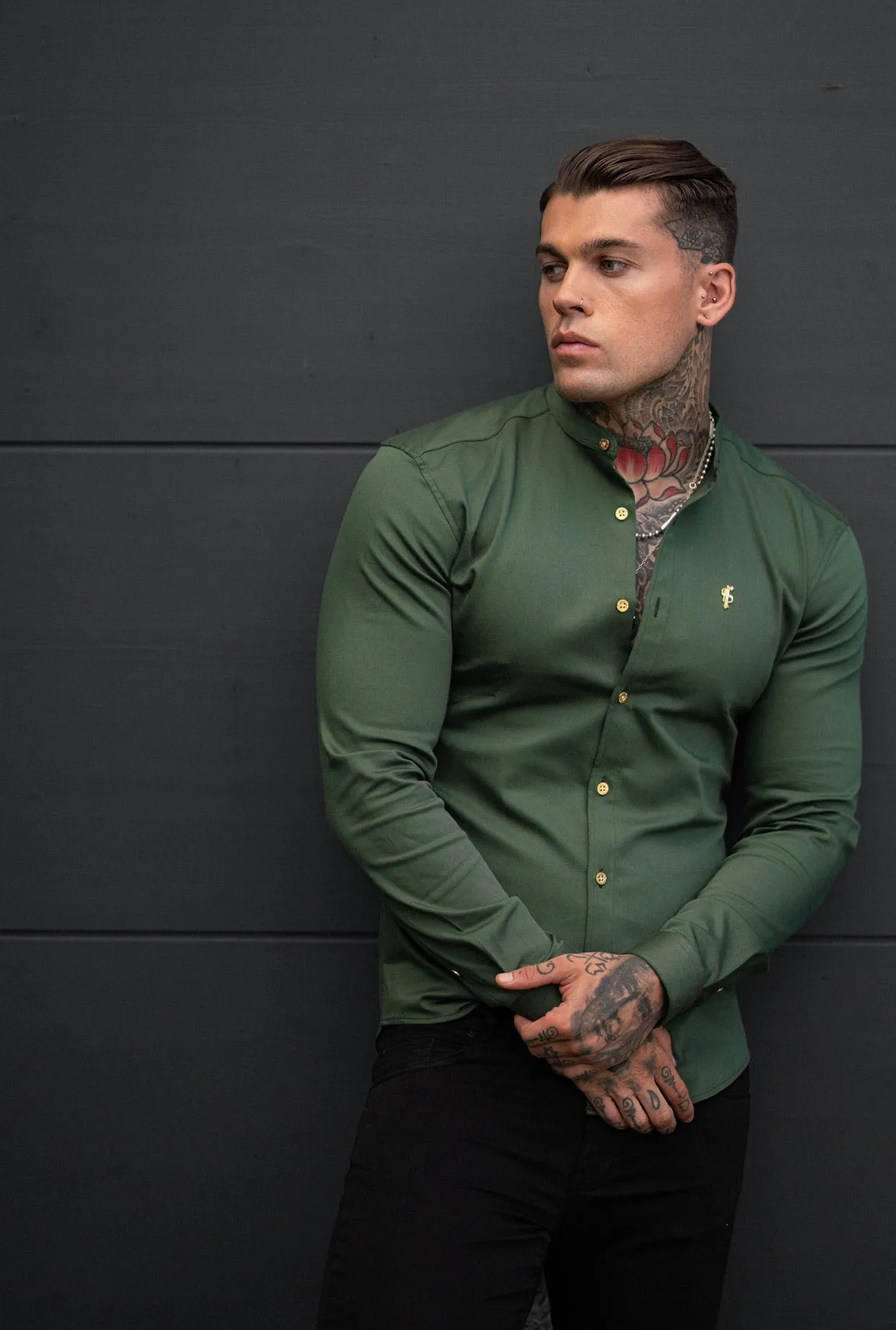 Father Sons Super Slim Stretch Khaki Denim Long Sleeve Grandad collar with Metal Buttons and Decal Emblem - FS715