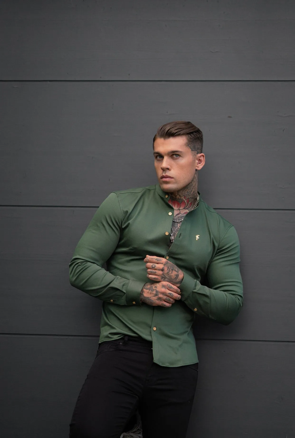 Father Sons Super Slim Stretch Khaki Denim Long Sleeve Grandad collar with Metal Buttons and Decal Emblem - FS715