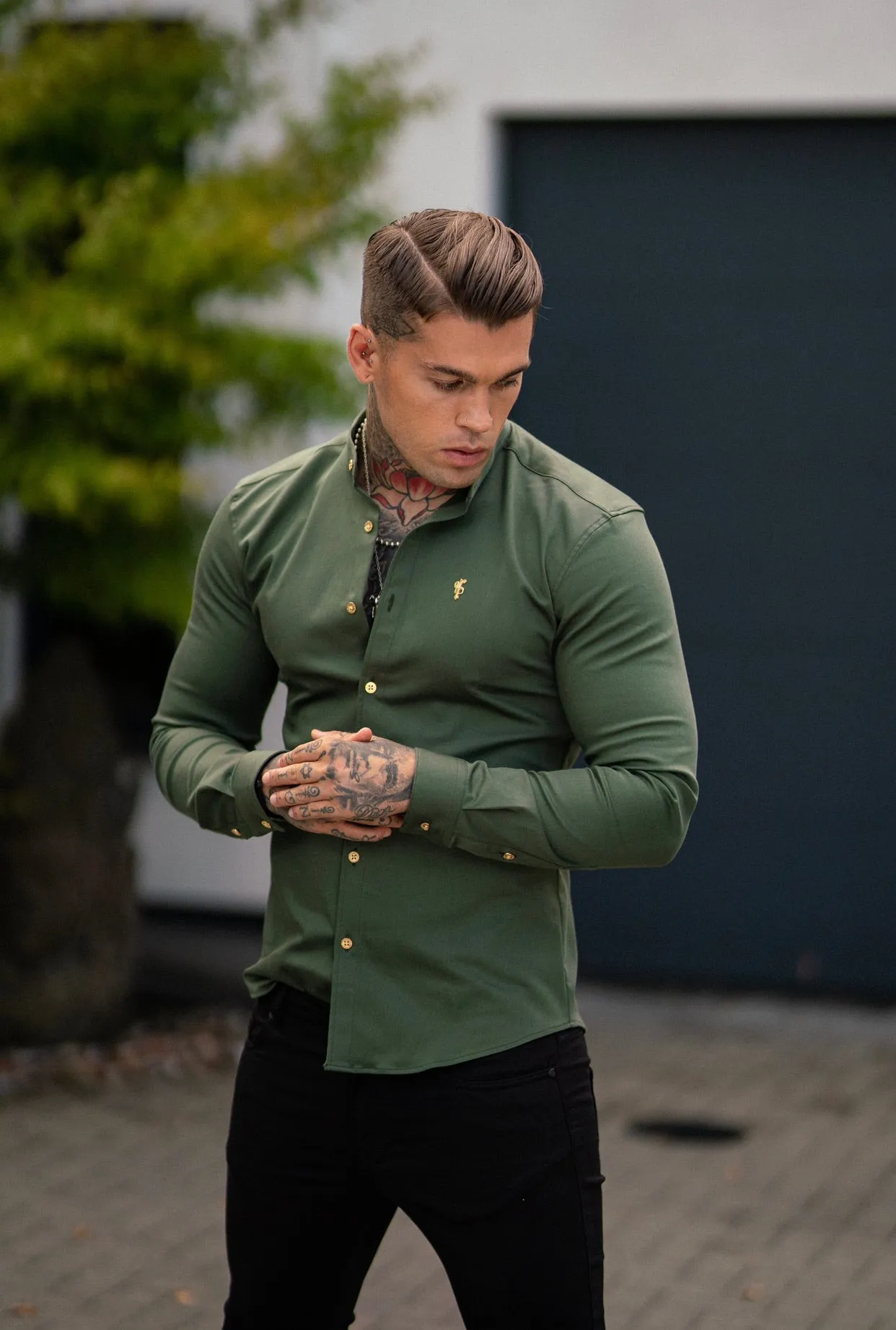 Father Sons Super Slim Stretch Khaki Denim Long Sleeve Grandad collar with Metal Buttons and Decal Emblem - FS715