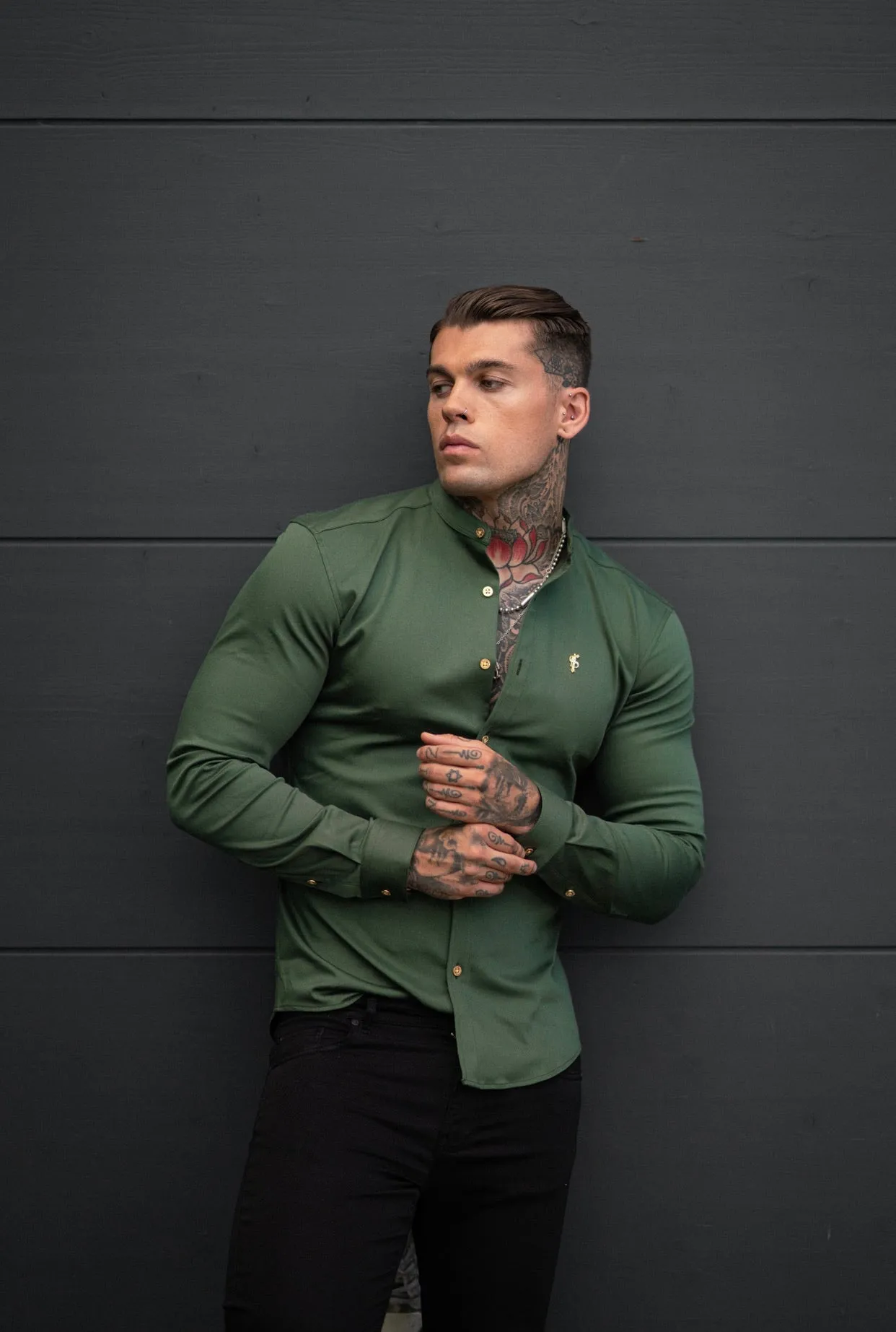 Father Sons Super Slim Stretch Khaki Denim Long Sleeve Grandad collar with Metal Buttons and Decal Emblem - FS715