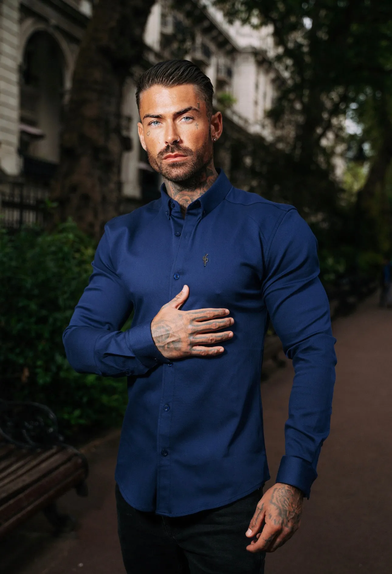 Father Sons Super Slim Stretch Navy Denim Long Sleeve with Metal Decal Emblem - FS636